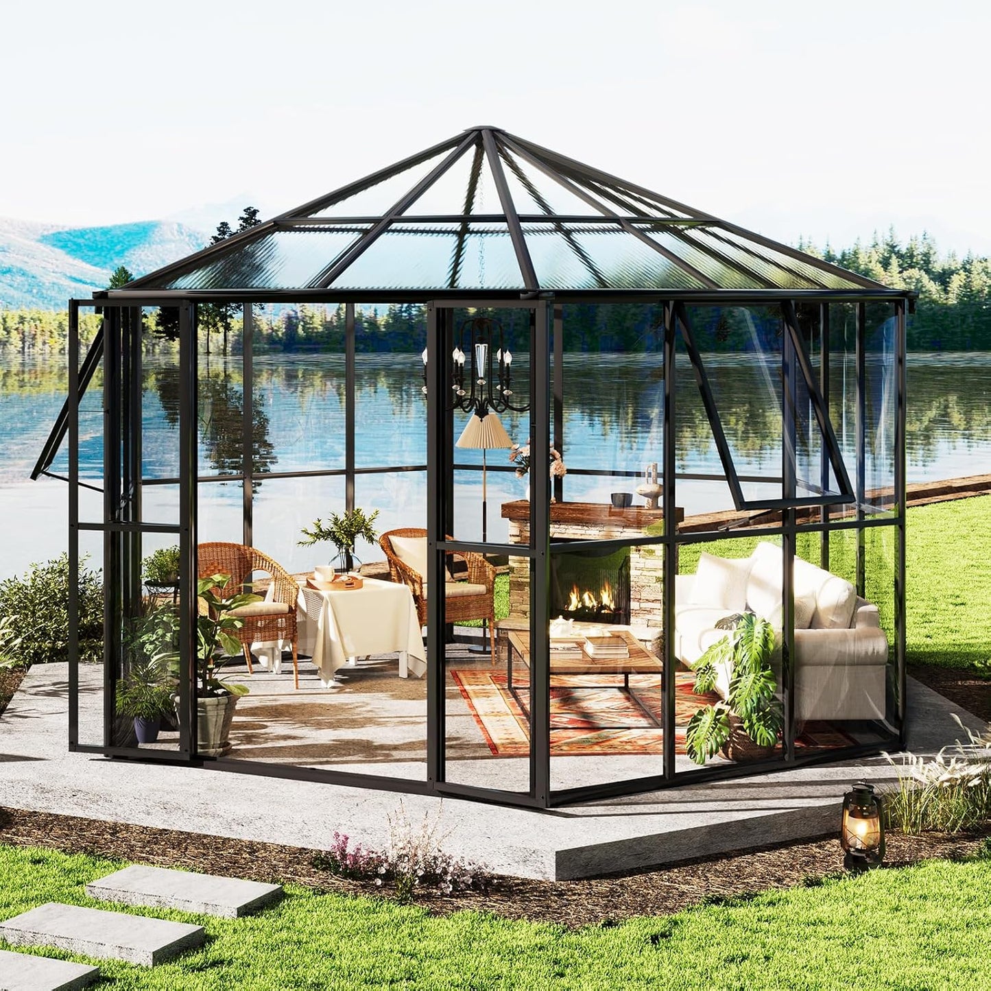AMERLIFE 12×10×8 ft Hexagonal Outdoor Greenhouse, Aluminum Frame with Quick‑Connectors, 2 Swing Doors, 2 Vents – Walk‑in Garden Structure