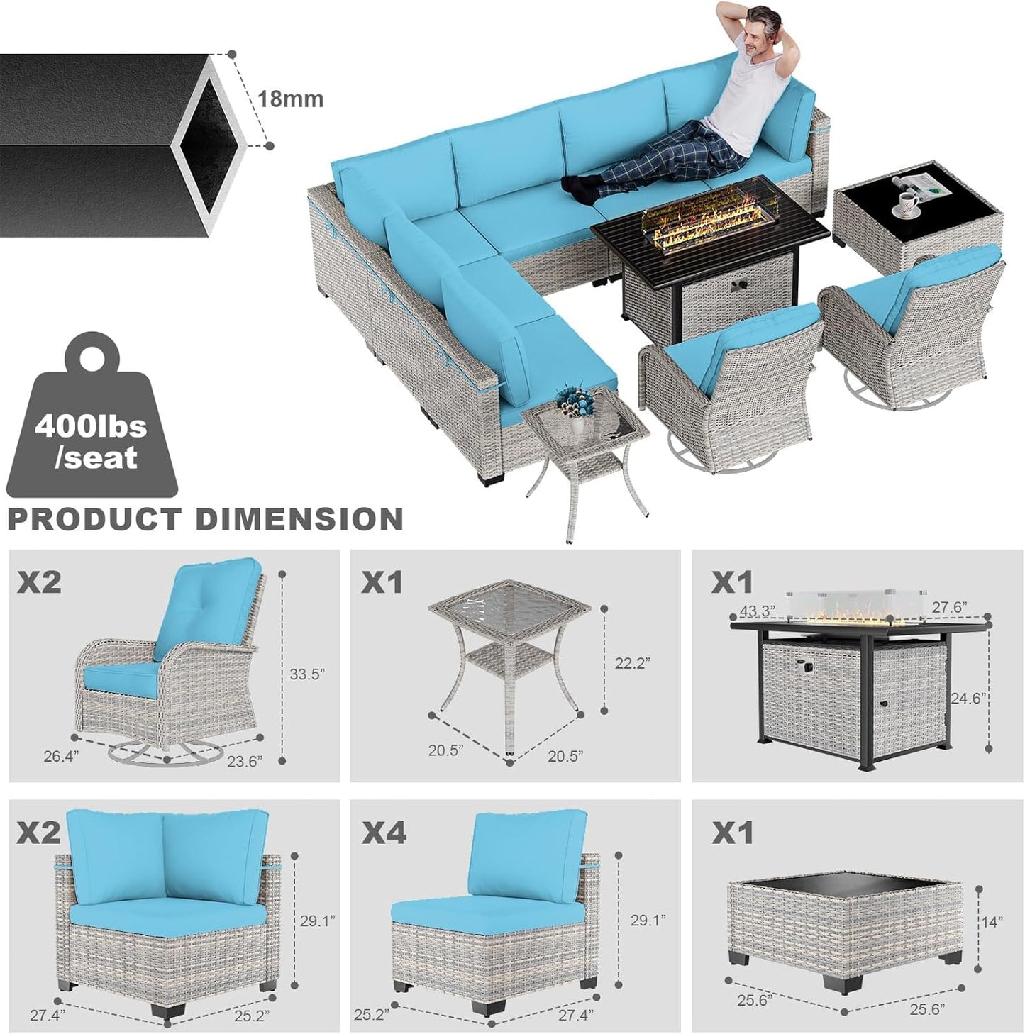 11-Piece Patio Furniture Set, Outdoor Patio Furniture with 55,000 BTU Fire Pit Table, Swivel Chairs Set, Thick Cushions, Modular Patio Sofa, Dual-Strand Wicker Rattan, Rust-Resistant Frame, Lake Blue