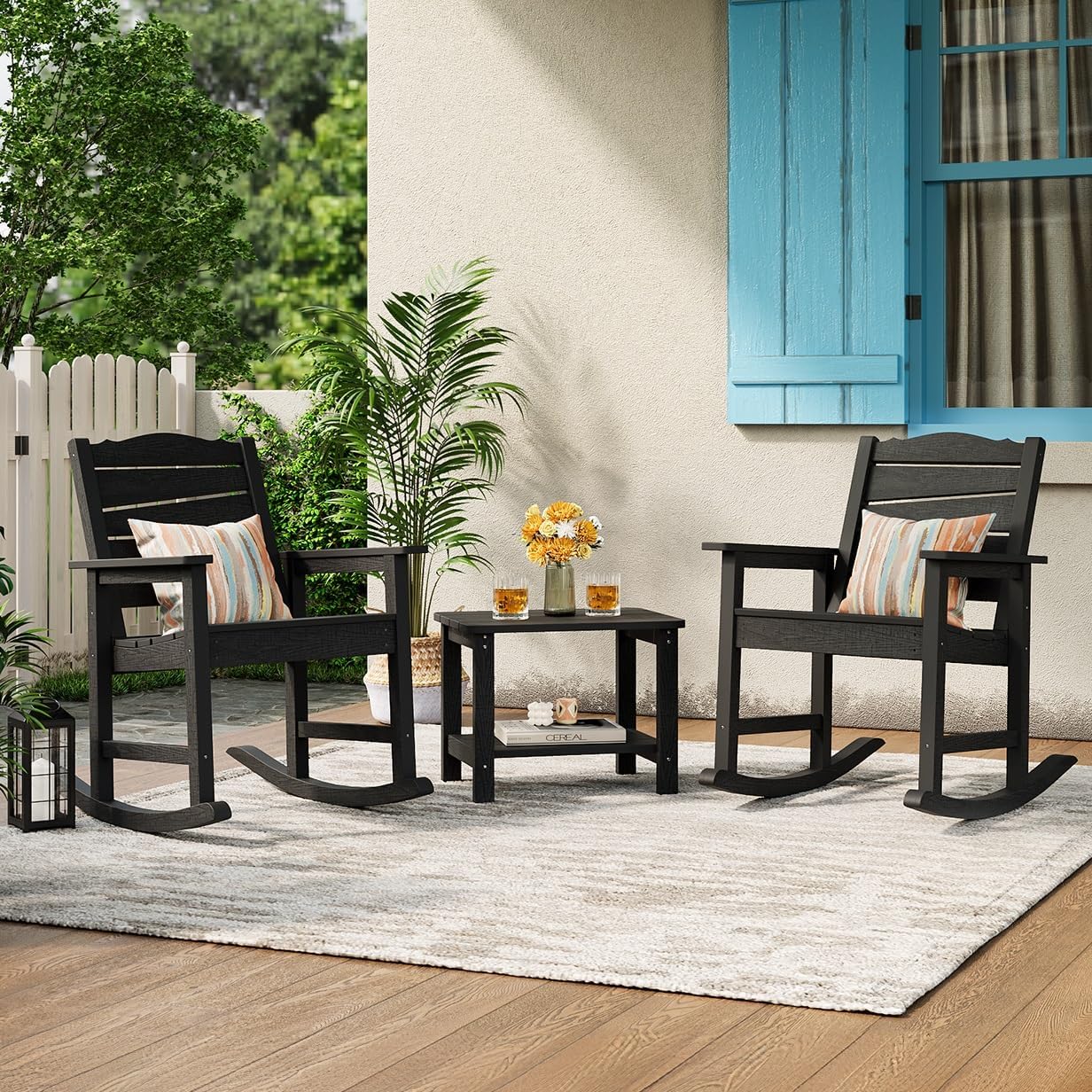 3-Piece Patio Rocking Chairs Set, Weatherproof HIPS Outdoor Rocking Chair for Adults, 400LBS Support Rocking Chairs with Table for Garden, Porch, Backyard and Indoor, Black