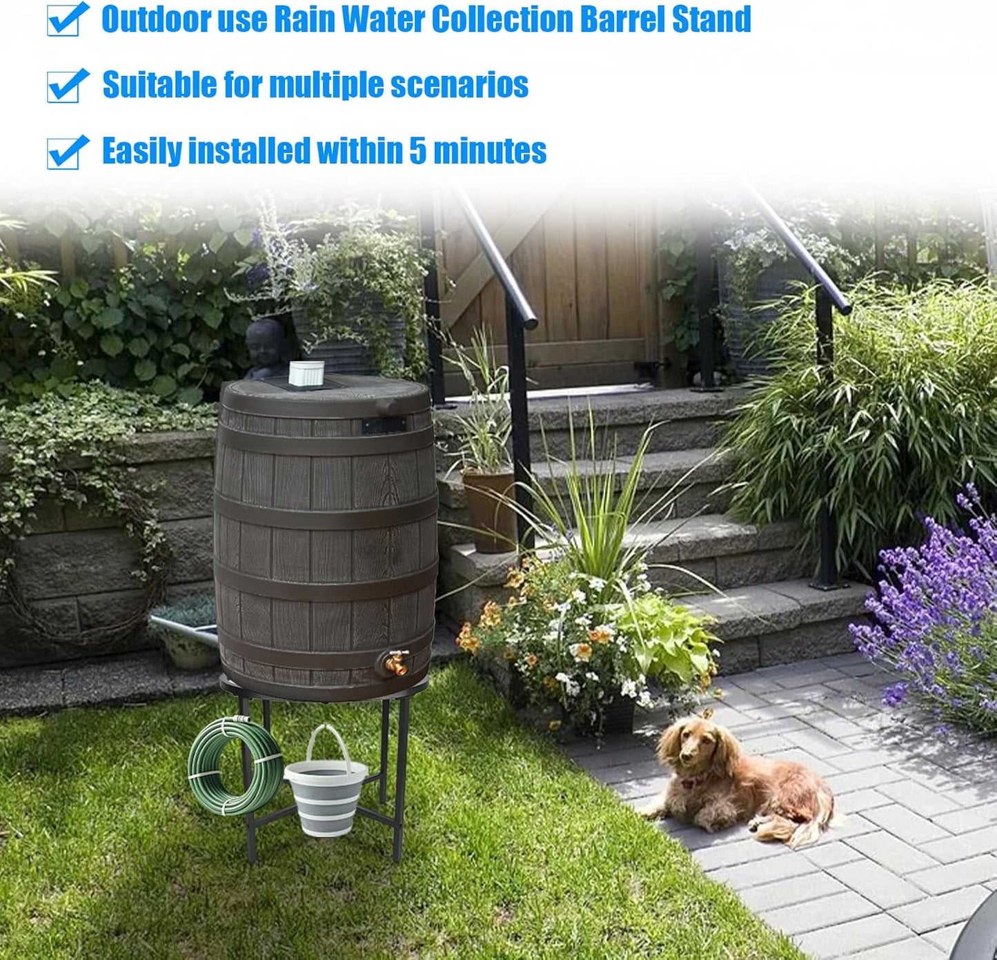 Z8 Rain Barrel Stand with Bucket & Hose Hooks Heavy Duty Water Collection Base Suitable for 45/50/55 Gallon Outdoor Rain Barrel