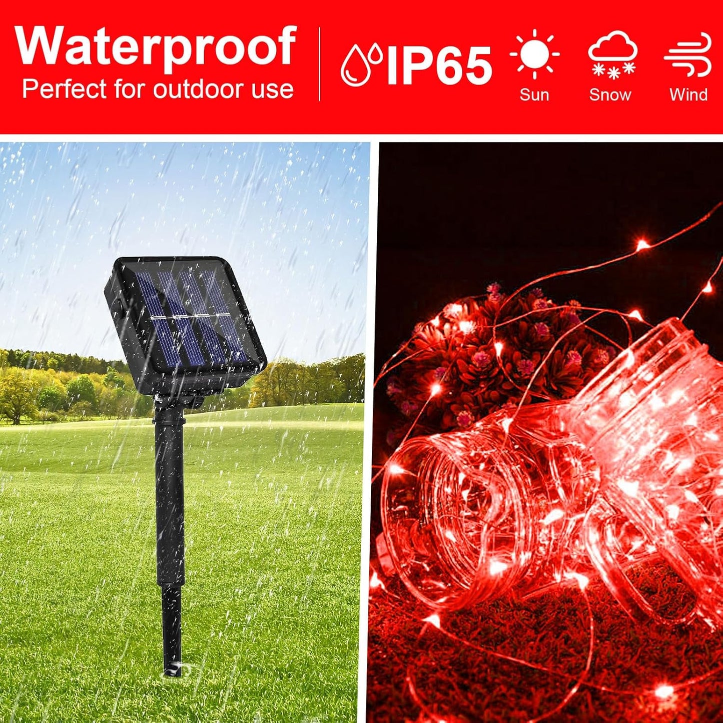 Solar Powered String Lights Outdoor, 2 Pack Total 200 LED 66FT Solar Powered Decorative Fairy Lights 8 Modes for Valentines Day Decor, Garden, Patio, Party, Yard, Christmas(Red)