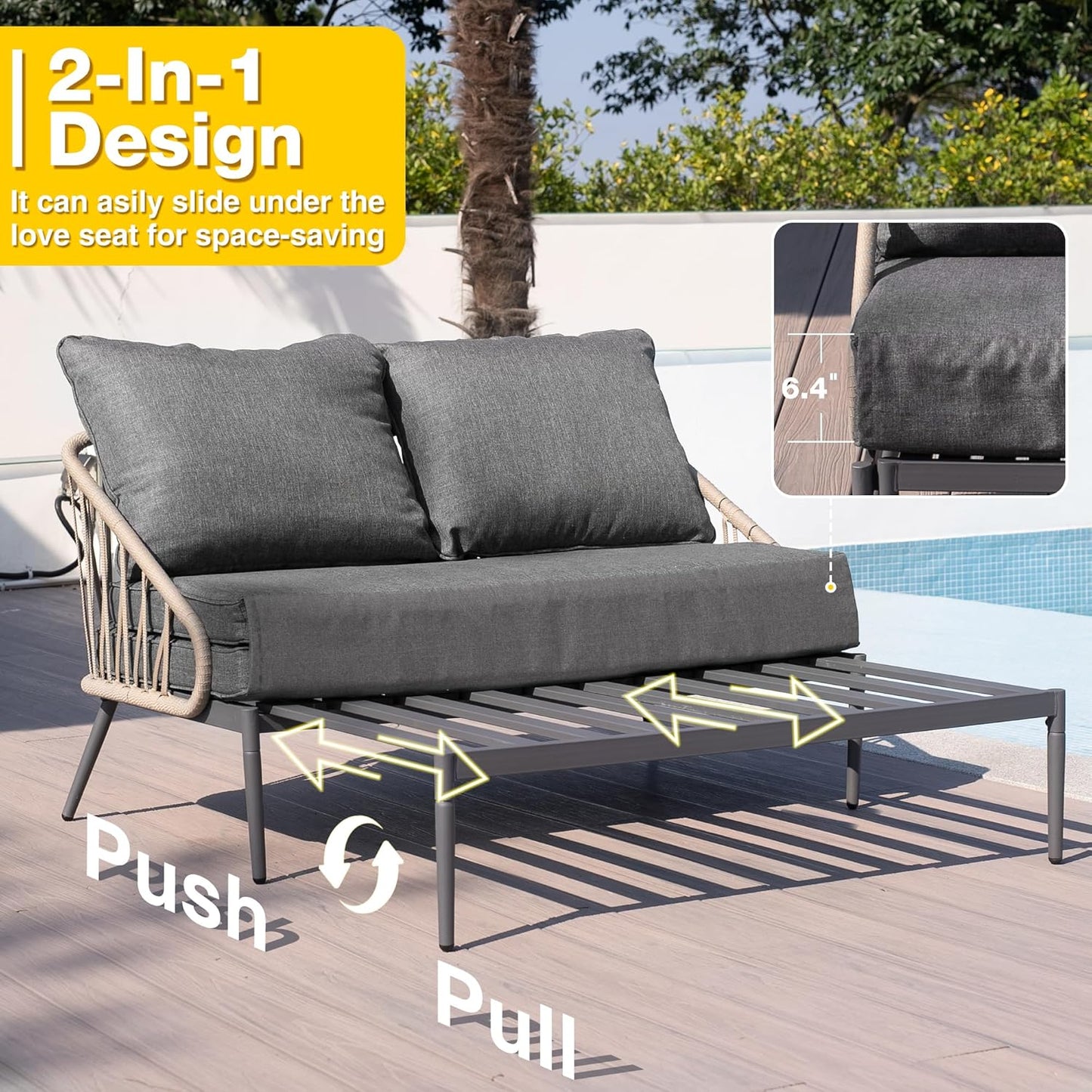 Patio Adjustable Daybed, 2-Person Outdoor Daybed with Cushions and Pillows, Woven Rope Patio Loveseat Garden Adjustable Reclining Chaise Lounge for Lawn, Poolside, Grey