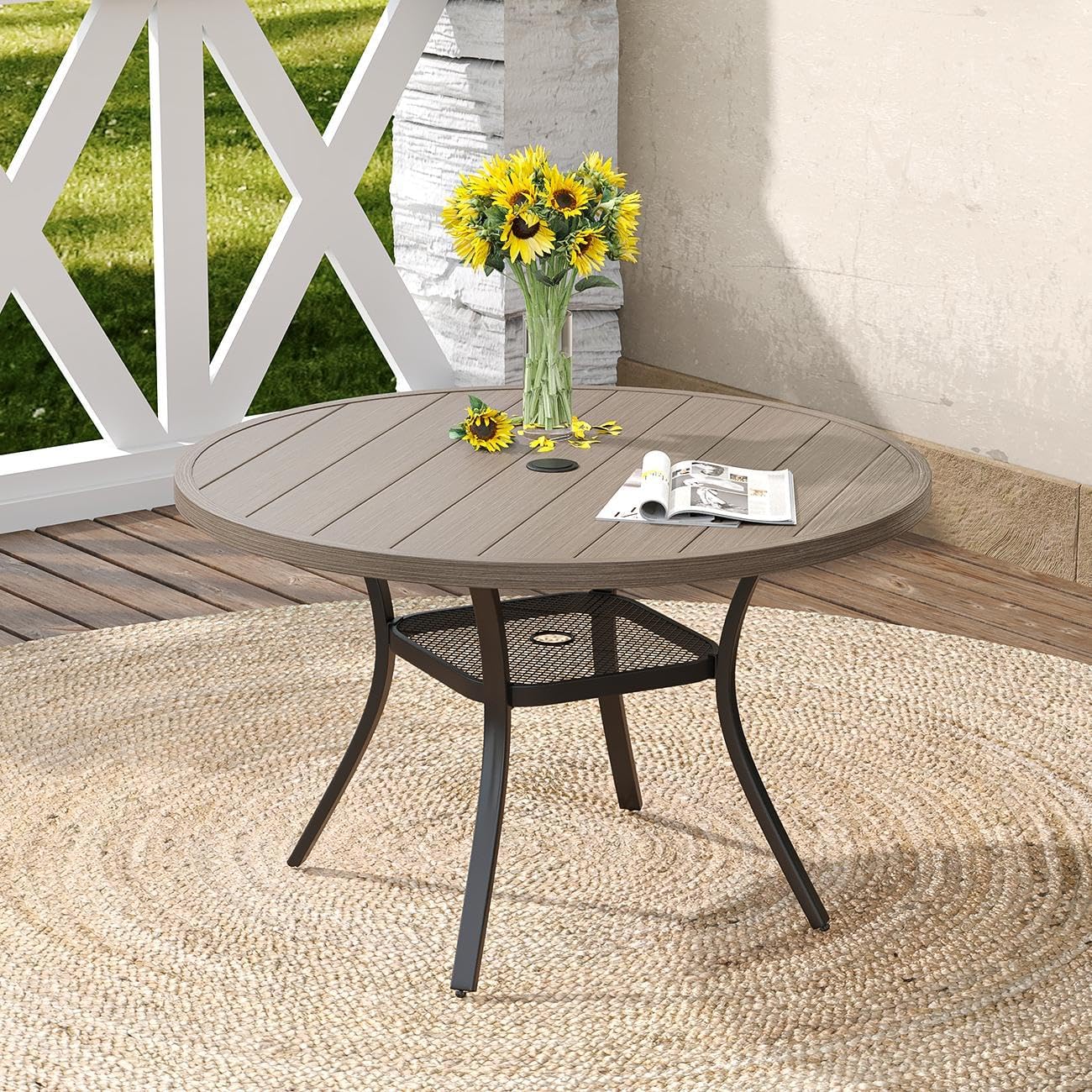 DIFY Outdoor Dining Table for 4, Round Patio Table with Umbrella Hole for Garden, Backyard and Porch (Grey)