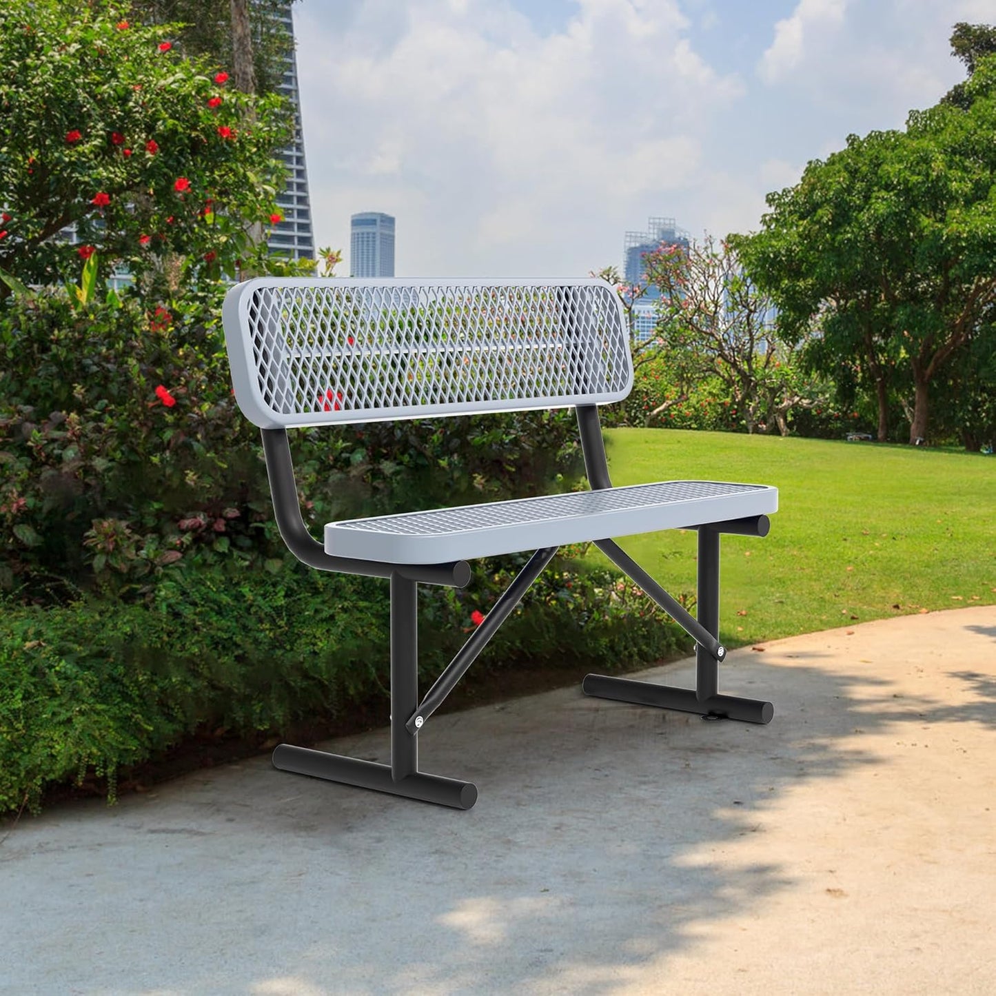 Heavy Duty Park Bench with Back Portable Frame, Outdoor Steel Bench with Backrest, Outdoor Park Bench Expanded Metal Mesh Bench for Lawn, Park, Deck, Garden, Patio, Porch, Black (Gray, 4FT)