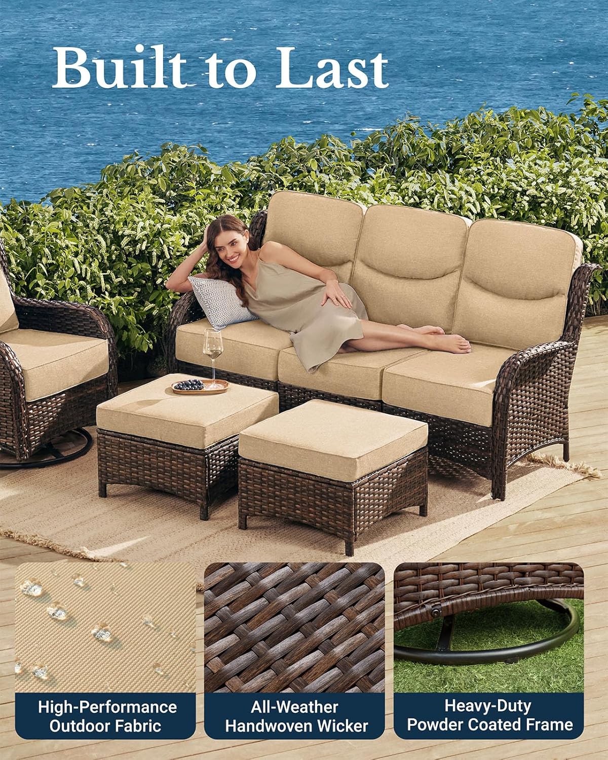 HILLGA Luxury Patio Furniture Set with 6-inch Thick Cushion, Outdoor Couch and High Back Swivel Rocker Patio Chairs, 8PCS Wicker Conversation Set for Deck Yard and Poolside, Beige (V2)