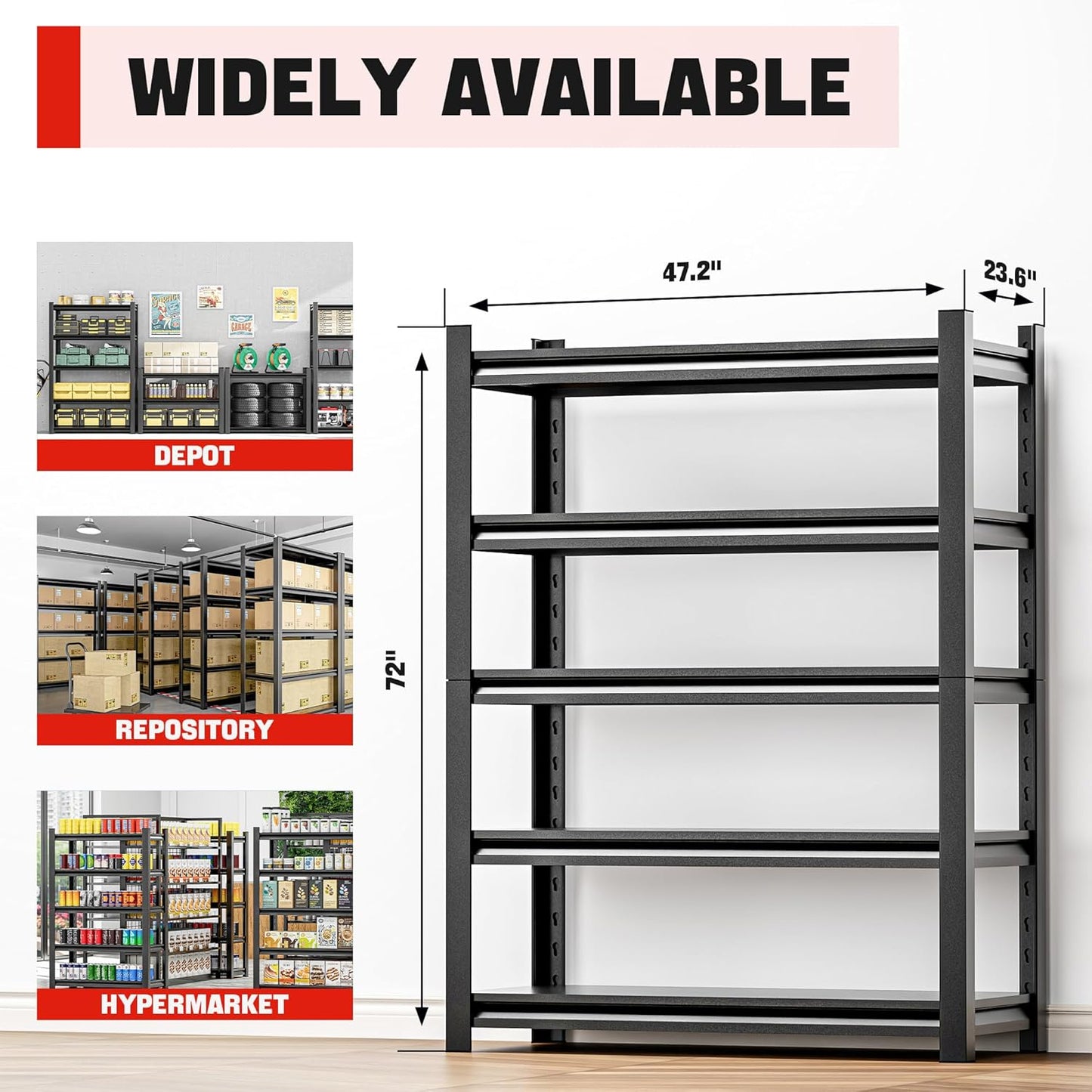 5 Shelf Heavy Duty Garage Shelving – Durable Metal Storage Shelf Organizer for Garage, Workshop, or Utility Rooms, Heavy Duty Shelving Rack for Maximum Strength 24" D x48 W x72 H