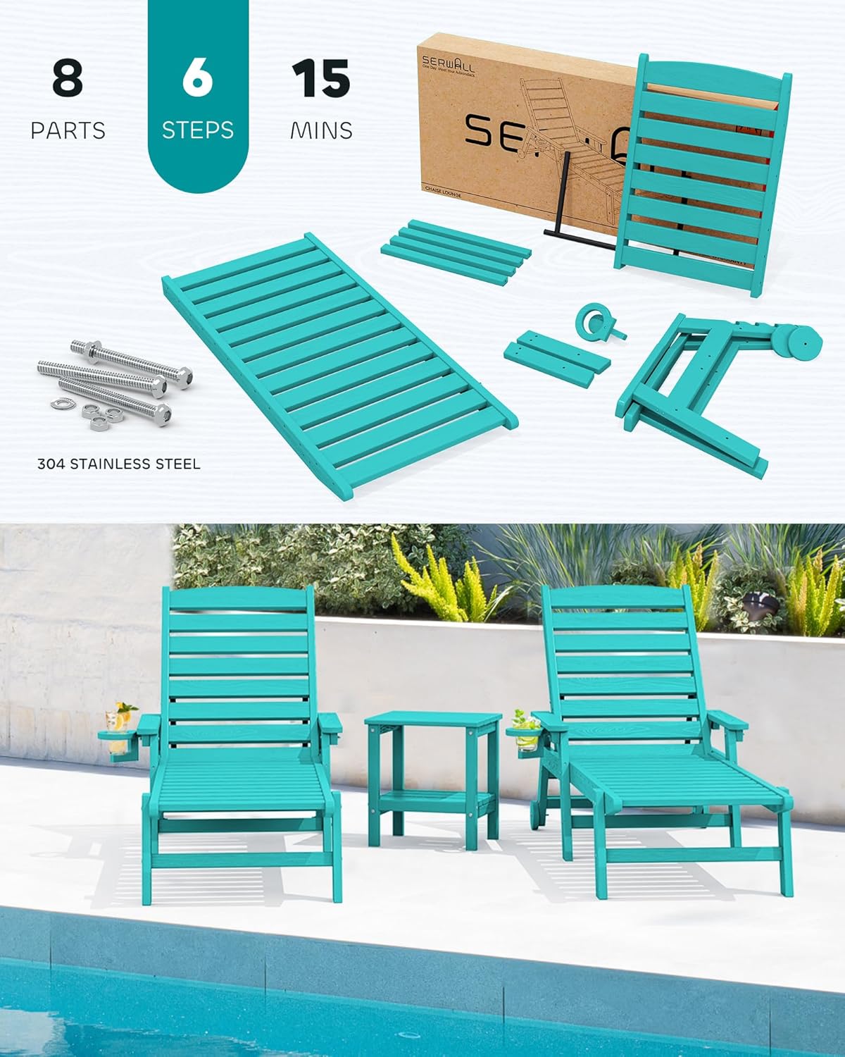 SERWALL Patio Chaise Lounge Chair Set of 2, 78'' Long 5-Positions Adjustable HDPE Outdoor Lounge Chair for Pool, Poly Lounge Chair with Rolling Wheels & Cup Holder for Poolside, Deck, Aqua Blue