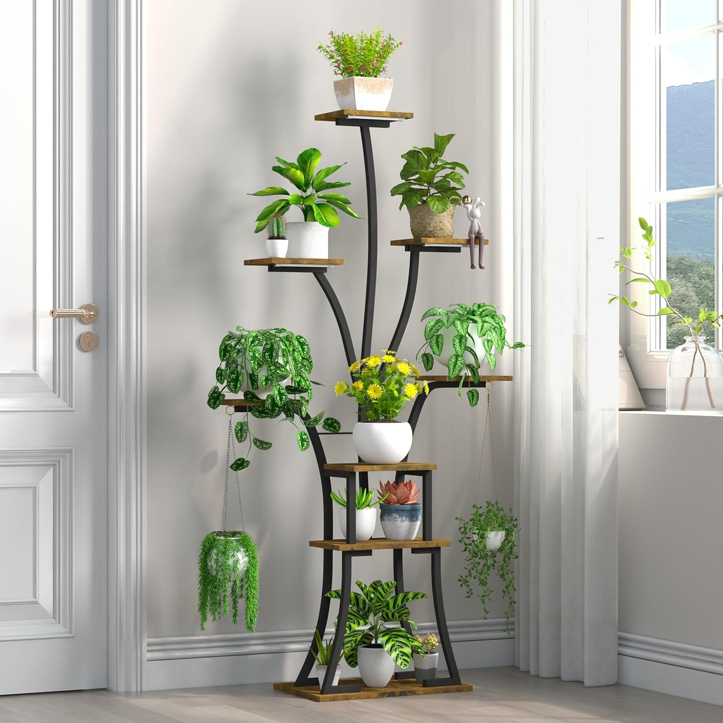64" Tall 8 Tiered Plant Stand Indoor with Grow lights Large Tree Shape Decorative Rack Plant Pot Holder Gardening for Living Room Corner Black
