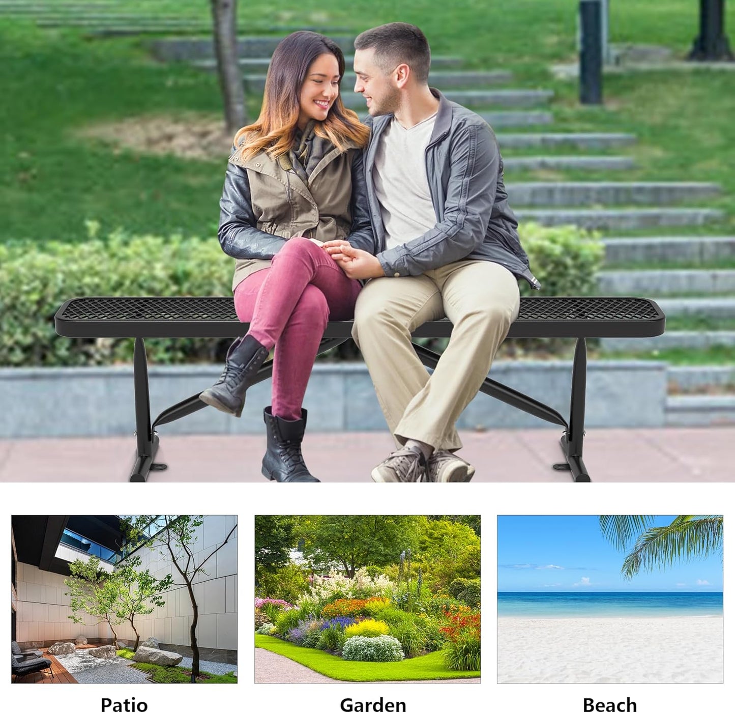 6 Feet Heavy Duty Metal Park Bench for Outside, Outdoor Bench with Portable Frame, Commercial Benches for Shopping Mall, Store, Park, Patio, Deck, Black