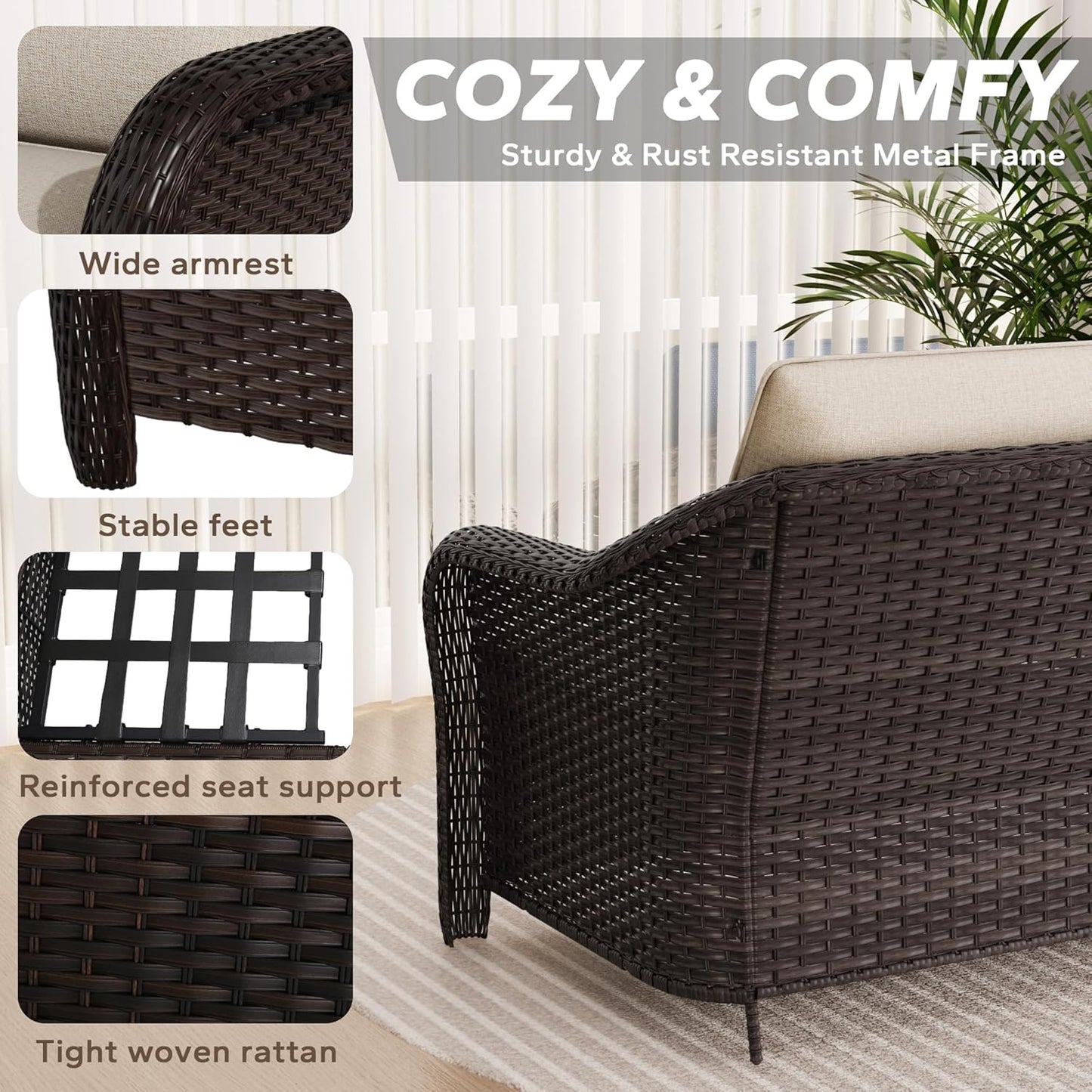 3 Pieces Patio sectional Sofa Set, Outdoor Conversation Furniture Set, 55" Patio Couch with 2 Ottomans, Rattan Wicker Sofa with Removable Cushions for Bistro, Deck (Beige)