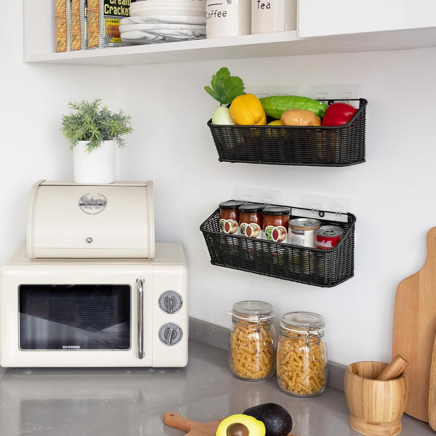 GRANNY SAYS Wicker Hanging Basket, 2 Pack Wall Basket for Kitchen, Fruit and Vegetable Storage Cabinet, Pantry Storage Spice Organization for Cabinet, Adhesive Shelf for Bathroom, Black