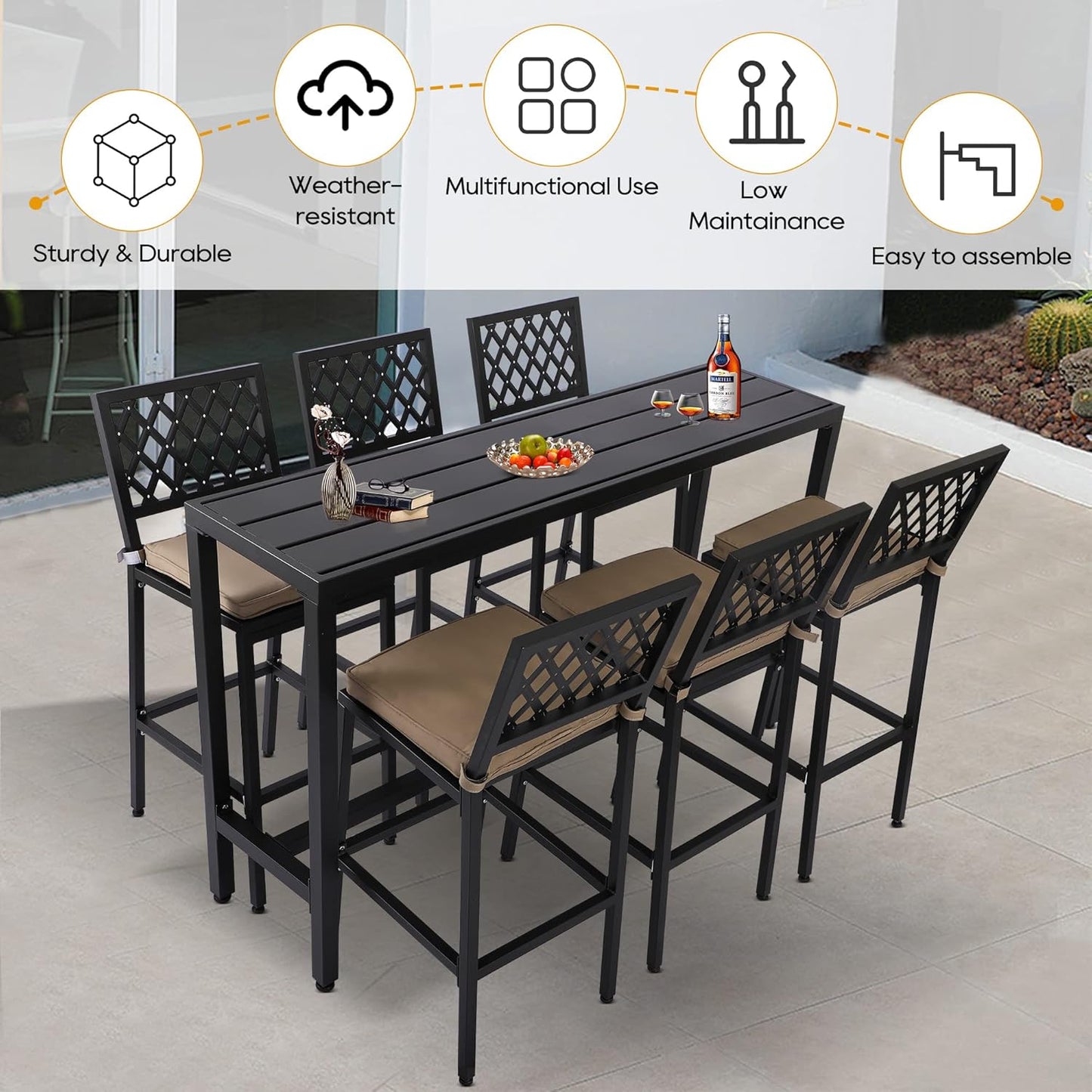 Outdoor Patio Bar Set, Bar Height Patio Dining Set, Weather-Resistant Bistro Counter Pub Set with Cushions & Slatted Tabletop for Backyard, Garden, Yard (63" Table, 6 "I Style Stool, Black)