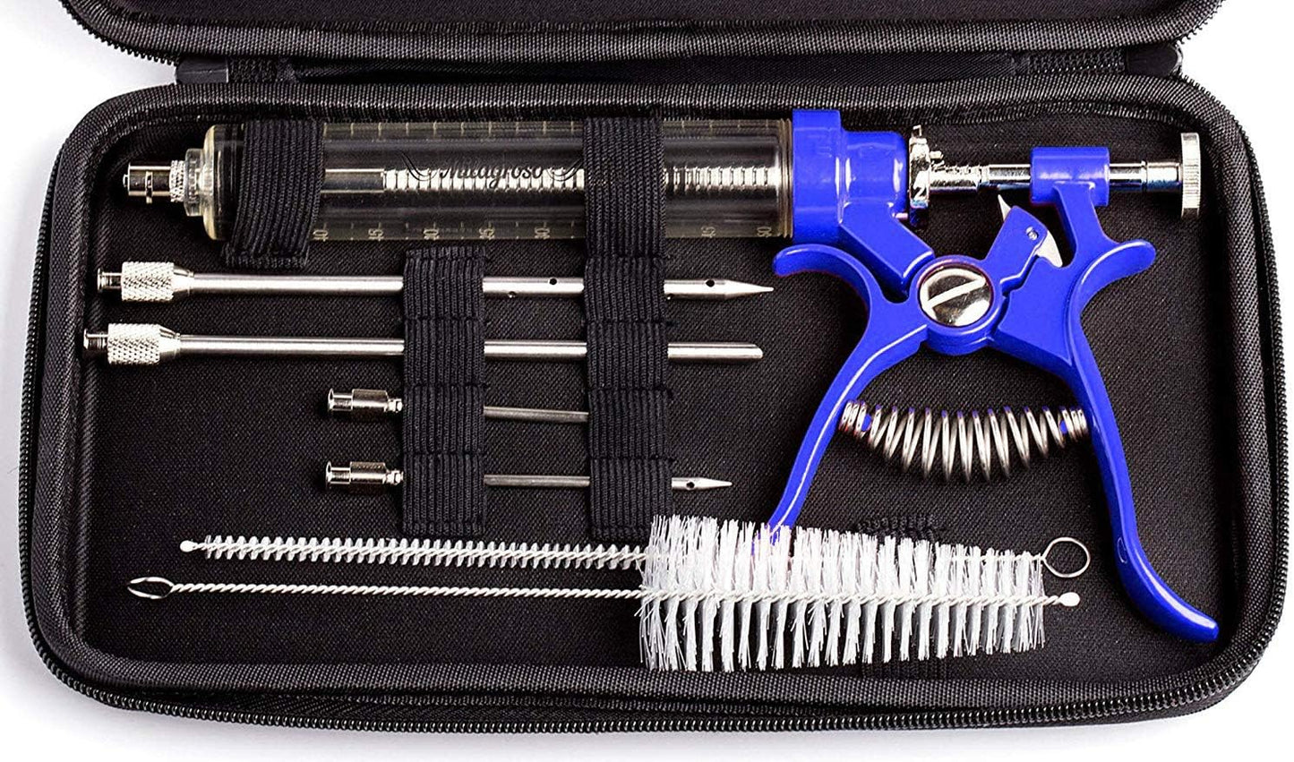 Meat Injector Marinade Gun Stainless Steel Outdoor Kit Flavor Food Syringes & 4 Marinades Needles for BBQ Grill Smoker Injectors Professional Syringe Held Culinary Barbecue Tool (Blue)