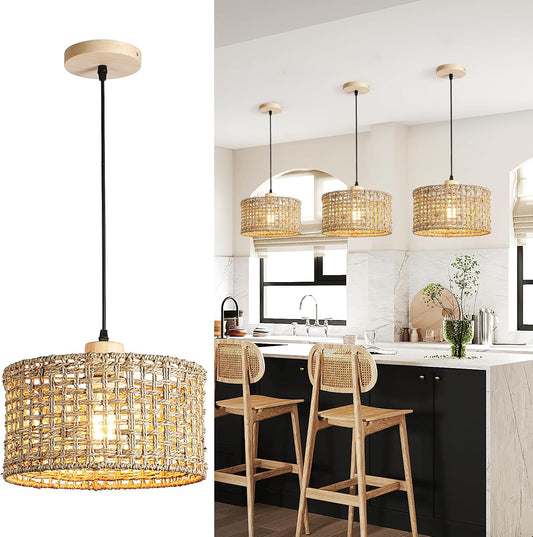 Hand-Woven Rattan Pendant Light, 11.8" Bohemian 1-Light Natural Wicker Hanging Lighting Fixture Ceiling Farmhouse Basket Hanging Lamp Chandelier for Kitchen Island, Living Dining Room