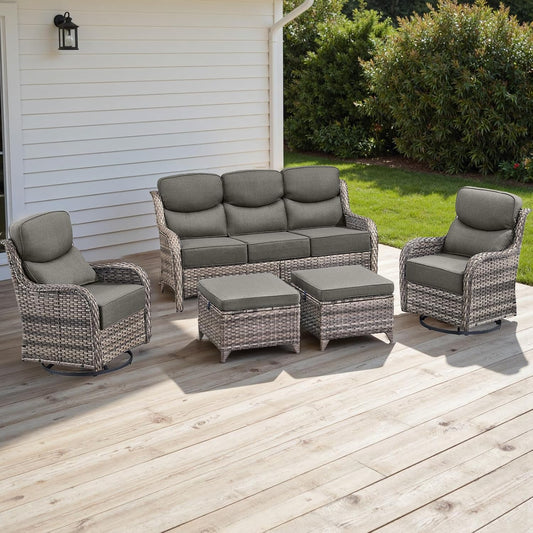 Wicker Outdoor Patio Furniture Set - 5 Piece Patio Conversation Sets with Swivel Rocker Chairs, Ottomans and Sofa, 6 inch Cushions, Waterproof Wicker, for Porch Deck Mixed Grey/Grey