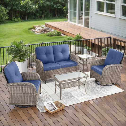 5 Piece Outdoor Patio Furniture Set with Deep Seating Swivel Rocker Chairs Loveseat and Rattan Coffee Table Outdoor Conversation Sets for Deck Backyard Poolside,Gray Wicker