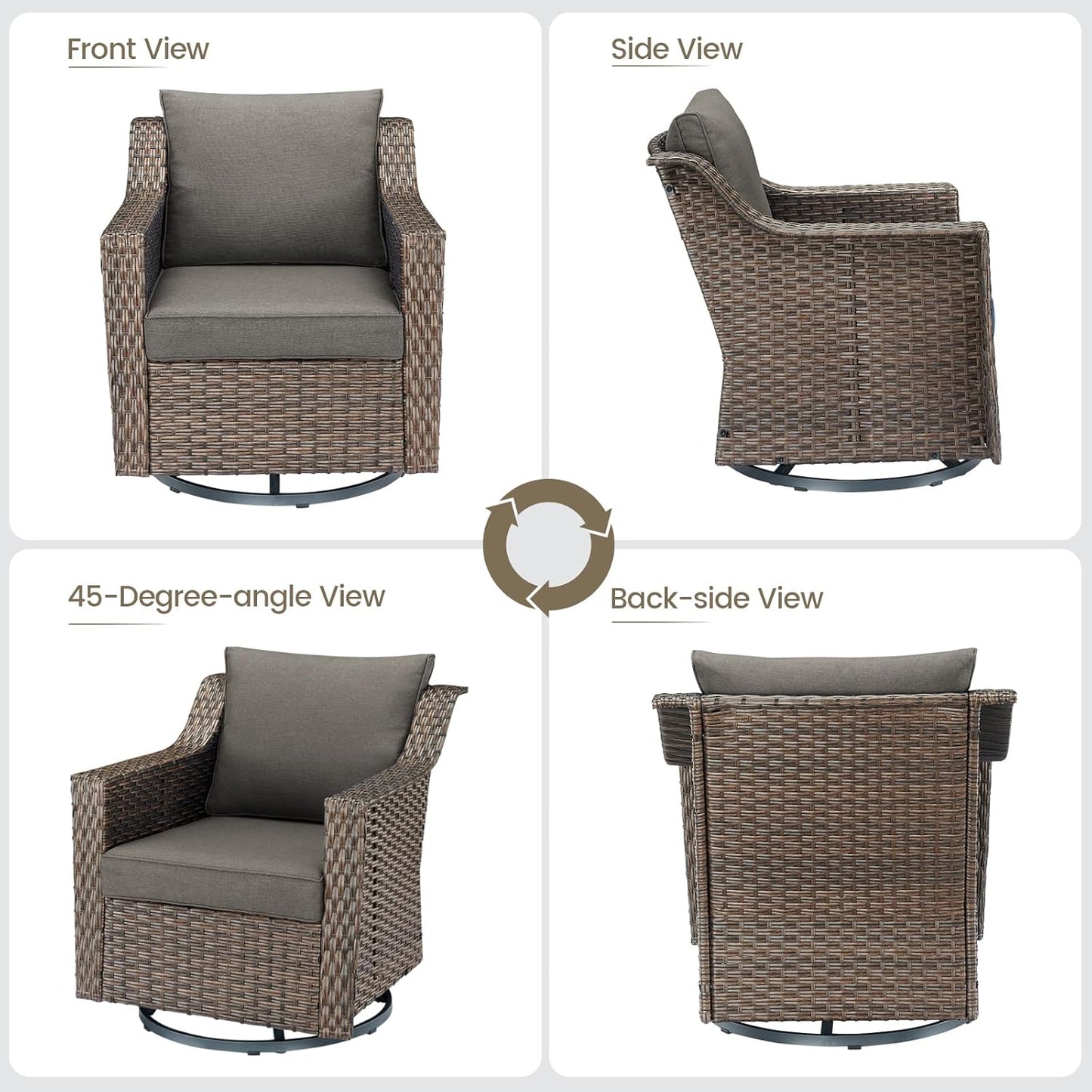 Outdoor Patio Wicker Swivel Chairs - Set of 4 Outside Rattan Rocker Glider Chair Rocking Armchairs for Front Porch Balcony Backyard Yard Deck Poolside Apartment – Brown/Grey