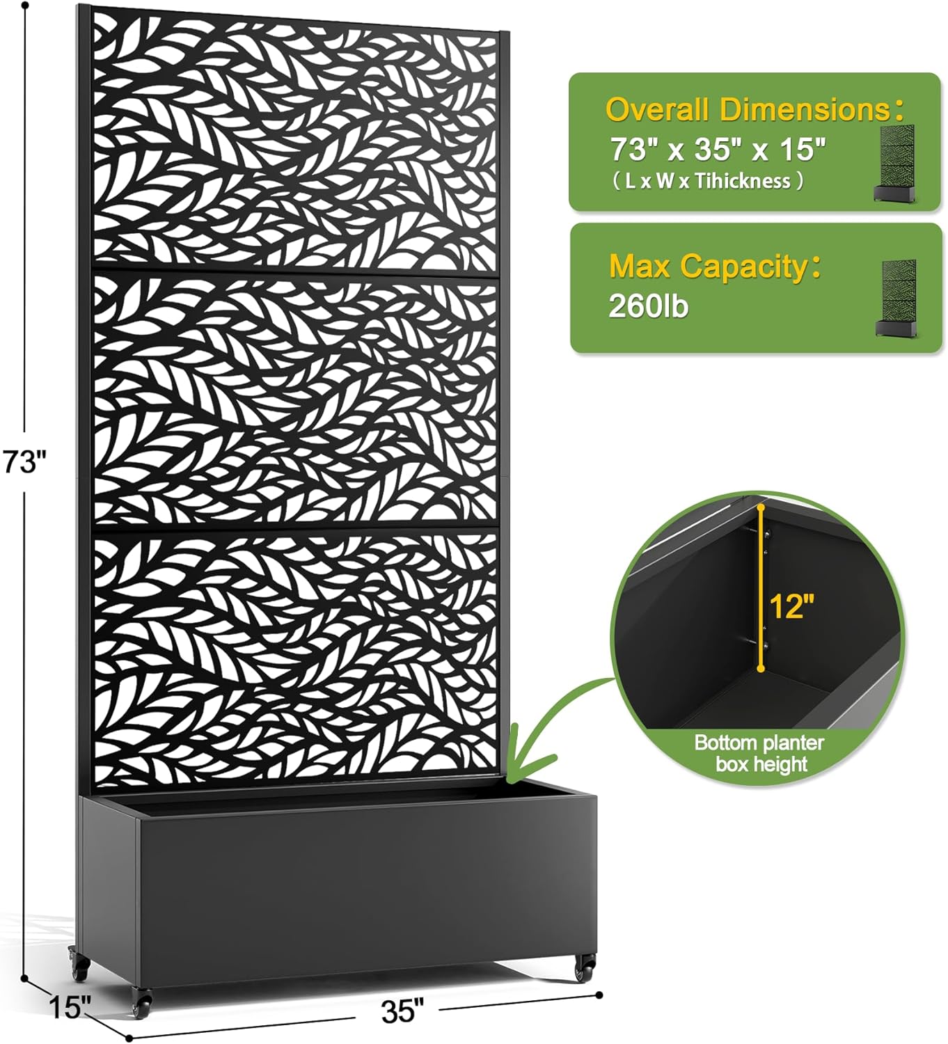 FENCY Metal Raised Garden Bed with Wheels and Trellis,73"x35"x16" Planter Box for Climbing Plants, Vegetables & Vines, Features Privacy Screen and Drainage Holes (Black-Leaf)