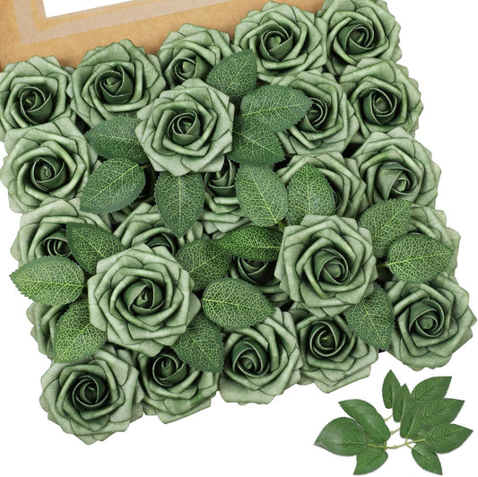 AmyHomie Artificial Flowers Green Rose 25pcs Real Looking Fake Roses w/Stem for DIY Wedding Bouquets Centerpieces Arrangements Party Baby Shower Home Decorations