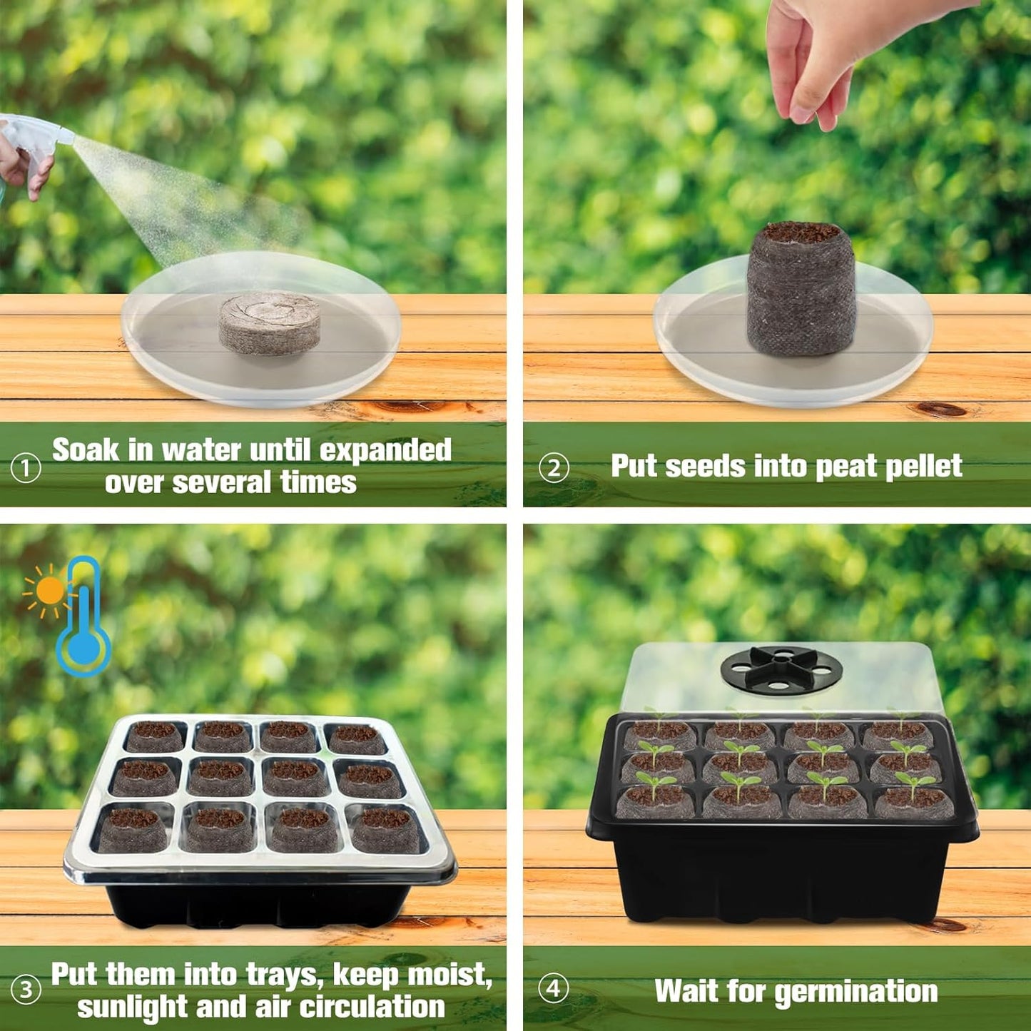 Halatool 8 Pack Seed Starter Tray with 100 PCS Peat Pellets, 96 Cells Black Plant Germination Trays for Organic Seed Starter Soil Pods for Planting Vegetables Plants Flowers Herbs - Starting Seeds Kit