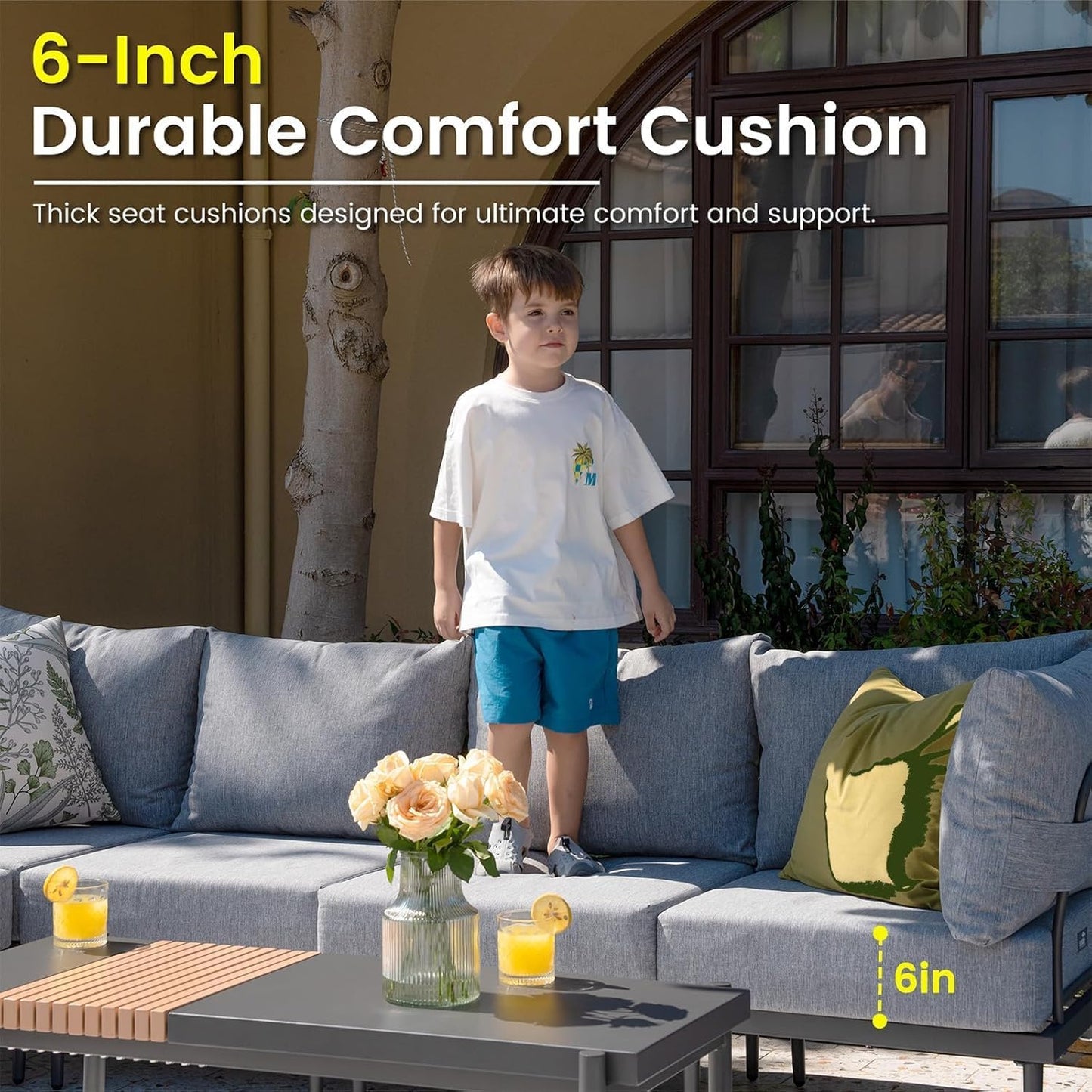 Sundale Outdoor 9 Pieces Metal Patio Furniture Set, Outdoor Sectional Sofa w/6 Inch Olefin Cushion and Coffee Table, Modern Outdoor Conversation Sets