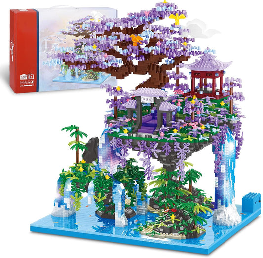 Chinese Moon Palace Pavilion Building Blocks Set - Micro Miniature Bonsai Tree House with String Lights and Flowers for Adults and Kids (4574 Pieces)