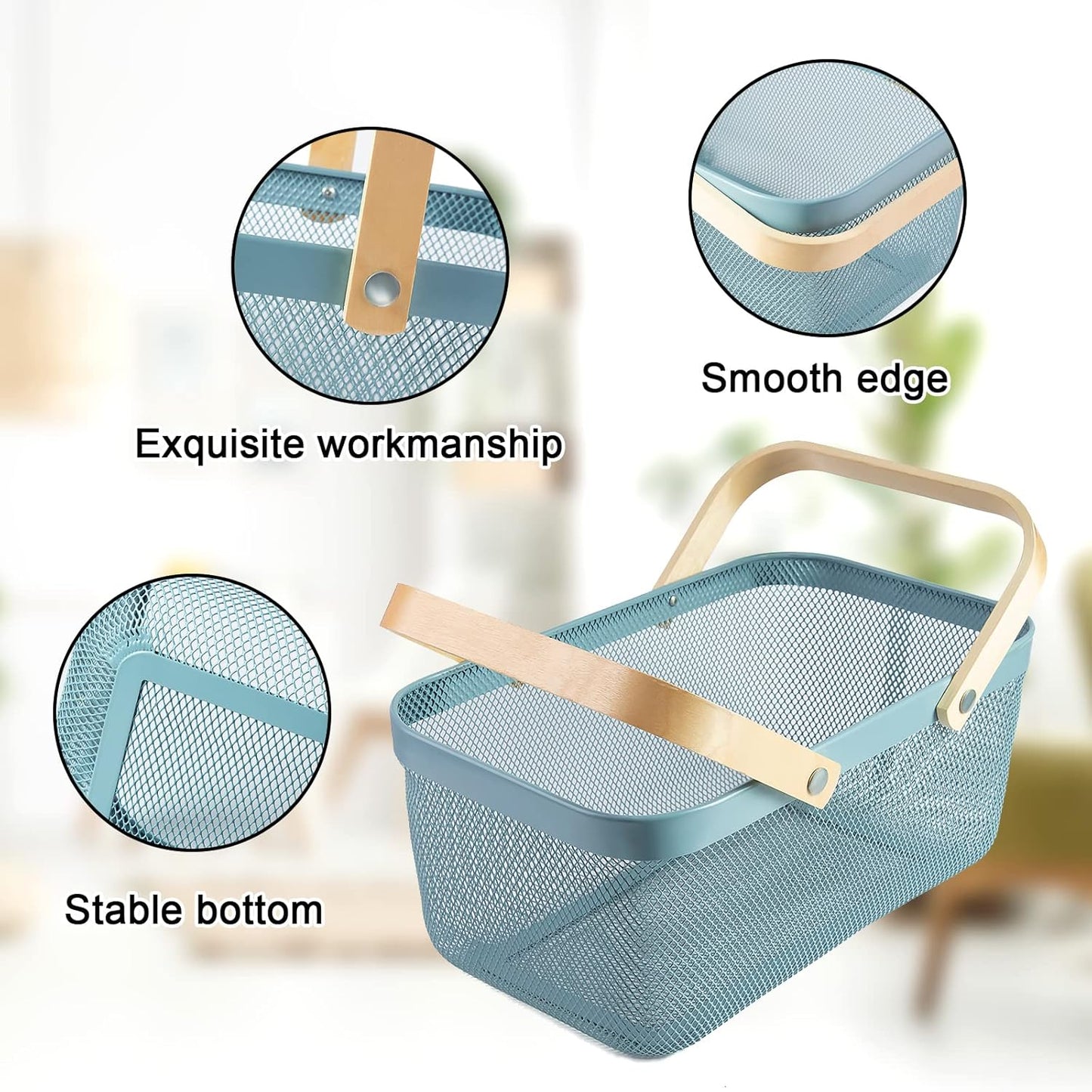 Portable Garden Harvest Basket-Mesh Design Natural Bamboo Handle Wire Storage Baskets,Mesh Basket with Handle Organize Items Reduce Space Occupation,Suitable for Kitchen,Garden,Picnic(Blue)