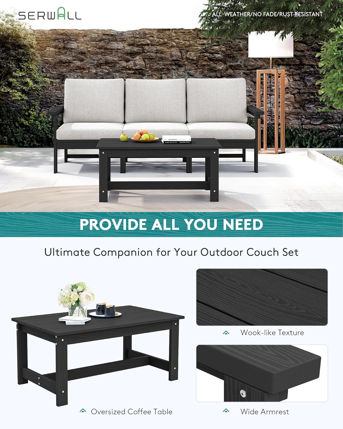 SERWALL HDPE Patio Sofa Set, 4-Piece Sectional Outdoor Furniture Set, All Weather Outdoor Couch Set Patio Furniture Set for Deck, Lawn, Black Frame with Khaki Cushion