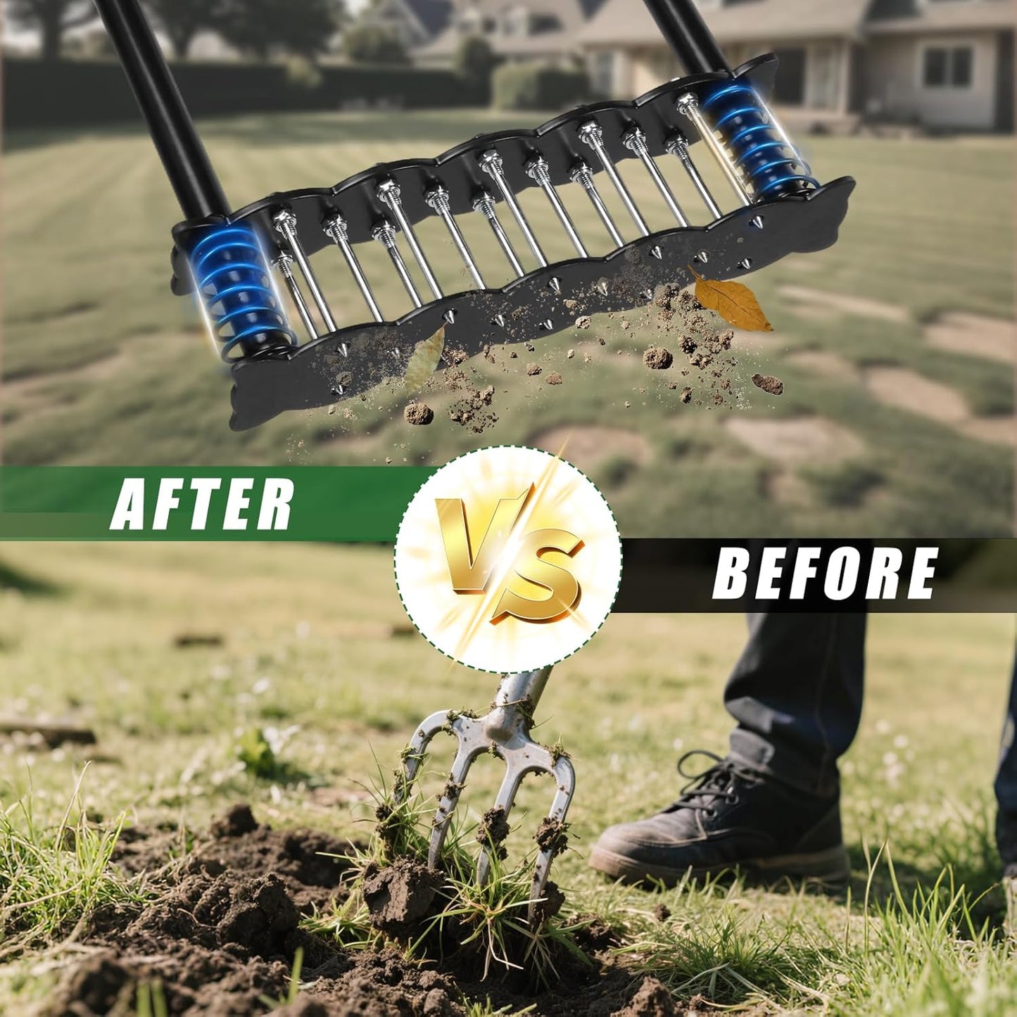 Lawn Aerator Tool,Manual Stainless Steel Spike Aerator Lawn Tool with Spring Base, Automatic Dirt and Leaf Clean Design, Adjustable T-Handle, Soil Loosening, Yard Aerating, Garden Tool Black