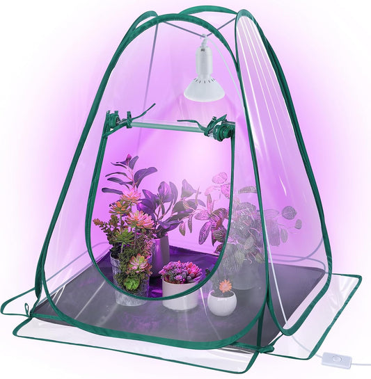 Meonum Mini Greenhouse with 10W 200 LED Grow Light Bulbs for Indoor, 27 x 27 x 30 Pop Up Small Greenhouse Cover with Bottom Waterproof Bottom Mat for Indoor Outdoor Plants Seed Starting