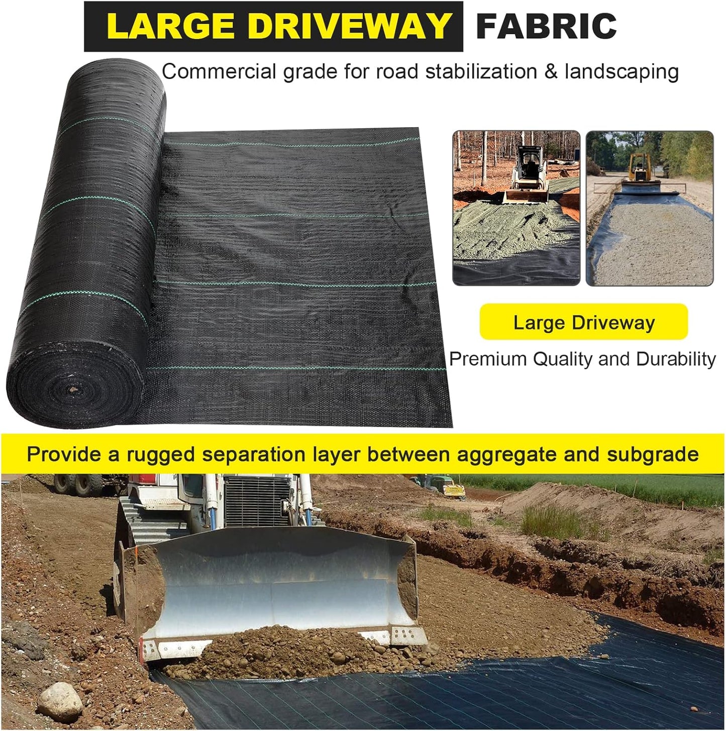 Driveway Fabric 2.5x500 ft - Commercial Weed Barrier, Heavy Duty 4OZ Landscape Fabric for Road, French Drain, Erosion Control, and Construction Projects