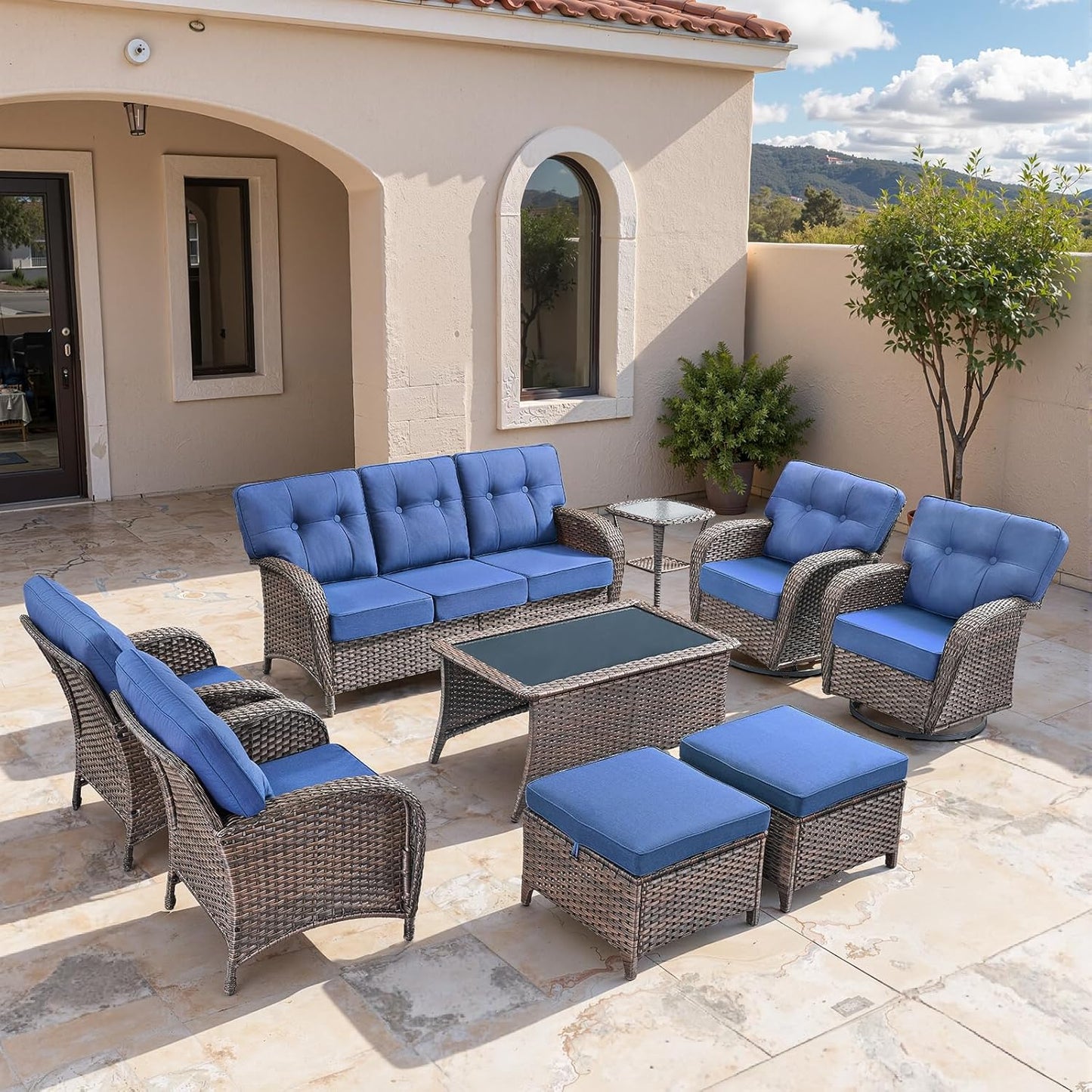 9-Piece Rotating Balcony Chair Set with 31-inch T-Shaped Wide backrest - Rattan Outdoor Rotating Balcony Chairs, Wide backrest Comfortable Outdoor Sliding Chair - Brown | Blue