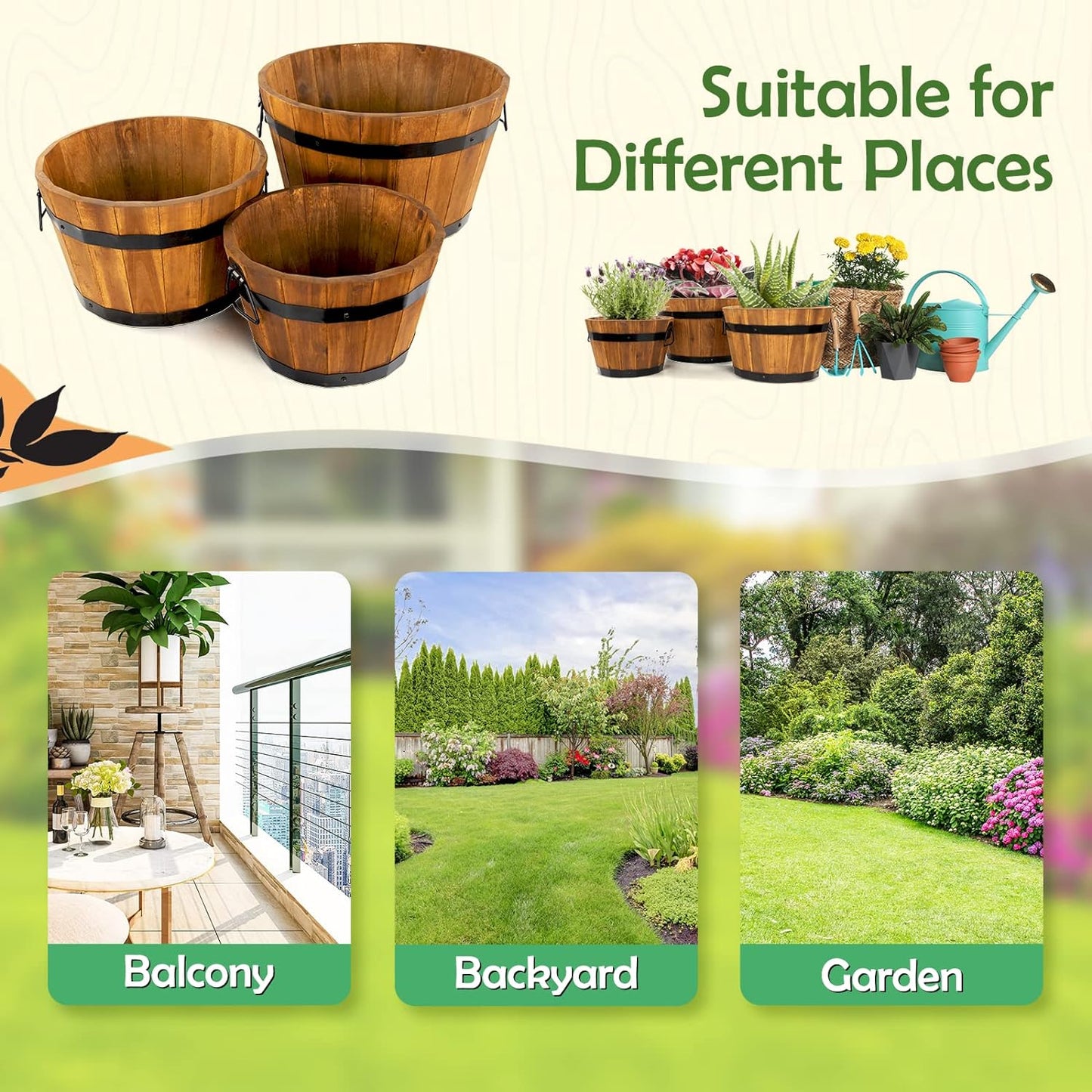 Idzo Set of 3 Wooden Flower Boxes Outdoor, Durable Acacia Wood Barrel Planters for Outdoor Plants with Ergonomic Handles, Drainage Holes, Multiple Sizes Wood Bucket Planter Light Brown