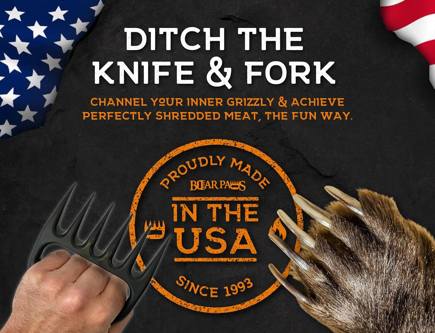 Bear Paws Meat Claws - The Original Meat Shredder Claws for Pulled Pork, USA Made - Easily Lift, Shred, Pull and Serve Pork, Chicken, Brisket and Turkey - Gift for Dad on Father's Day! (Black)