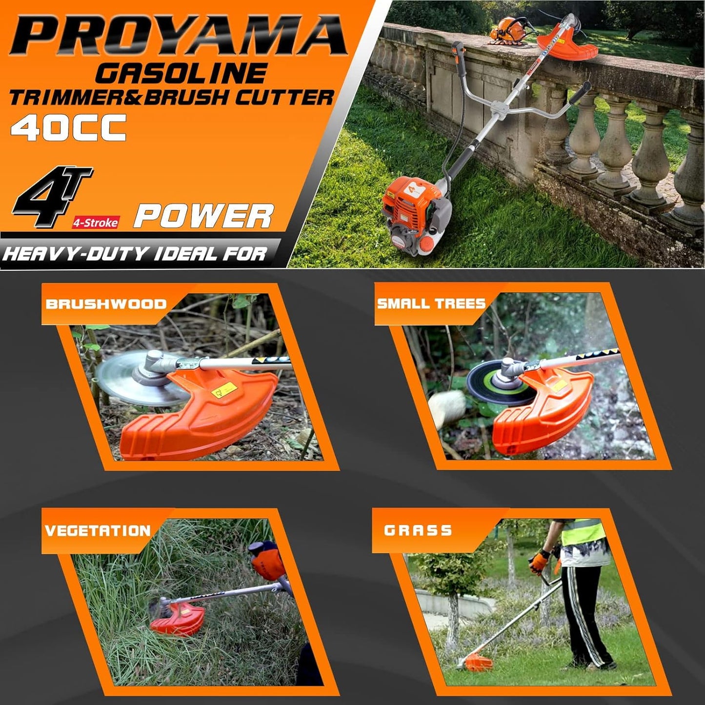 PROYAMA 40cc Gas Powered Brush Cutter, 4-Cycle Weed Eater, 3 in 1 Dual Line Gas String Trimmer and Grass Trimmer, Weed Wacker Extreme Duty…