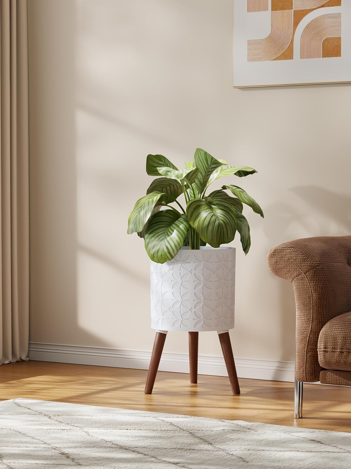 12 Inch Planter Pot with Stand, Planter for Indoor Plants, Modern Large Flower Planter Pot with Drainage Holes for Outdoor,Matte White