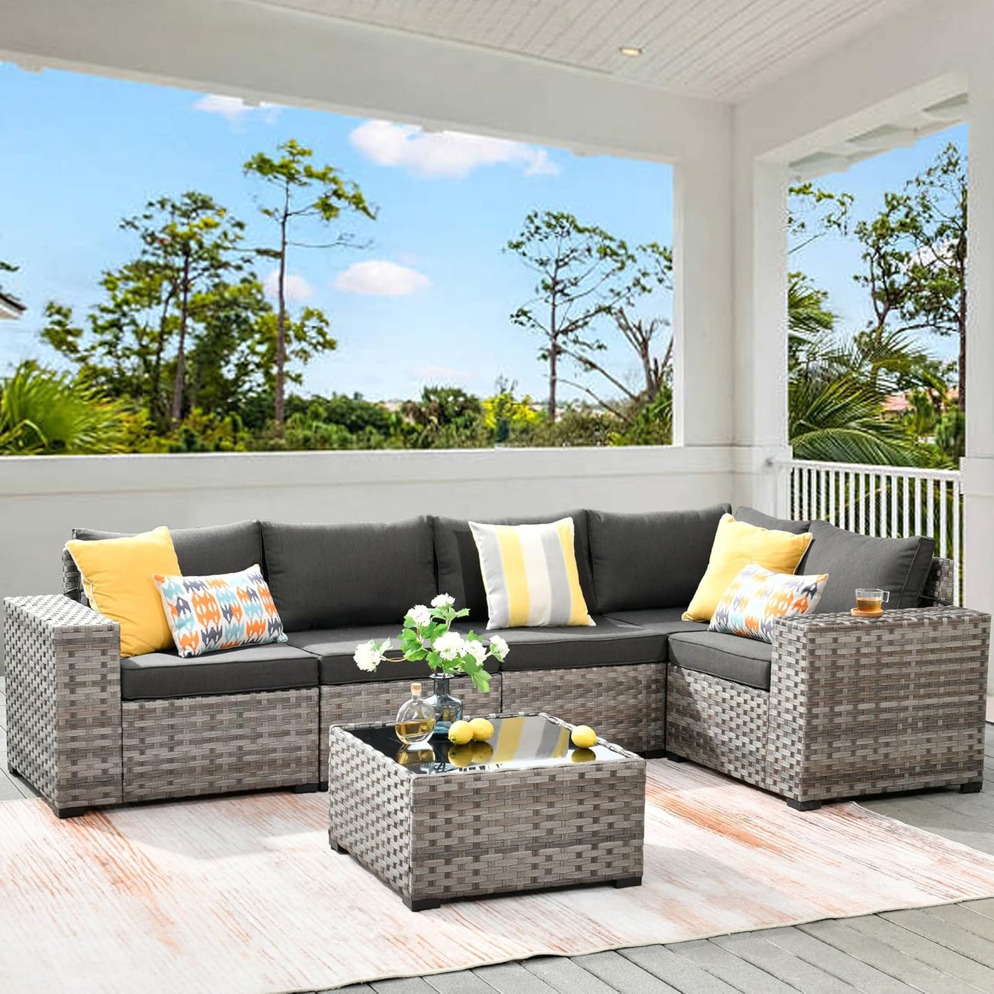 HOOOWOOO Modular Patio Outdoor Sectional Furniture Set,6 Piece Wicker Conversation Sofa Set,Out Door Couch Set with Wide Arm for Outside All Weather(Black)