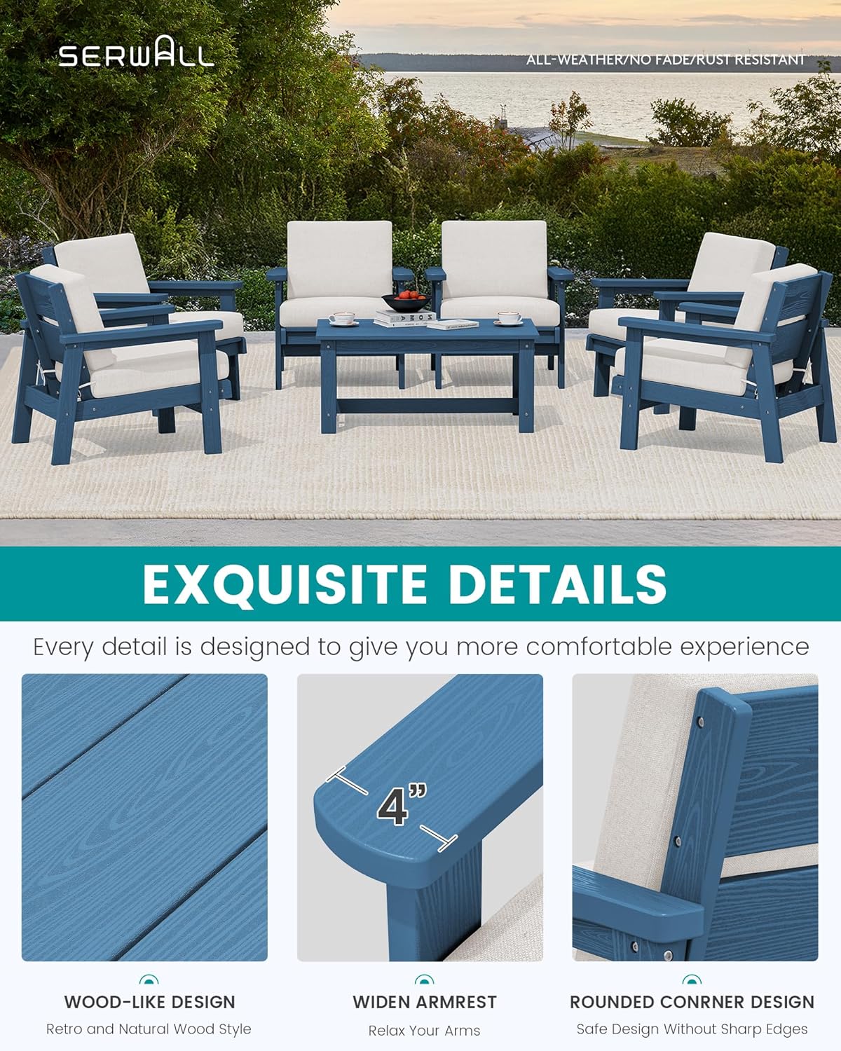 SERWALL HDPE Outdoor Furniture Set, 7 Piece All Weather Wood-Like Outdoor Sofa Sectional Couch, Blue Patio Furniture Set with Khaki Cushions