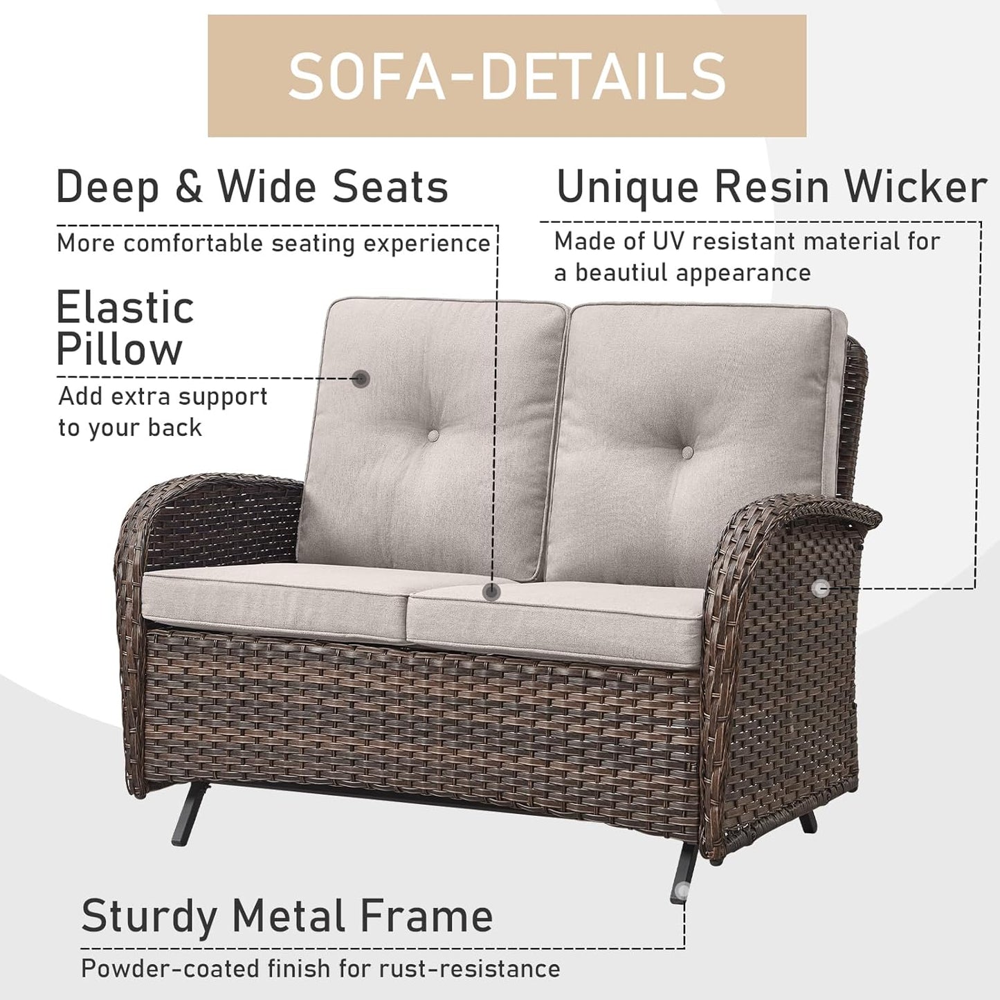 HUMMUH 5-Piece Patio Furniture Set with Fire Pit,Wicker Patio Glider Loveseat Outdoor Swivel Rocker Chairs for Backyard,Poolside,Deck