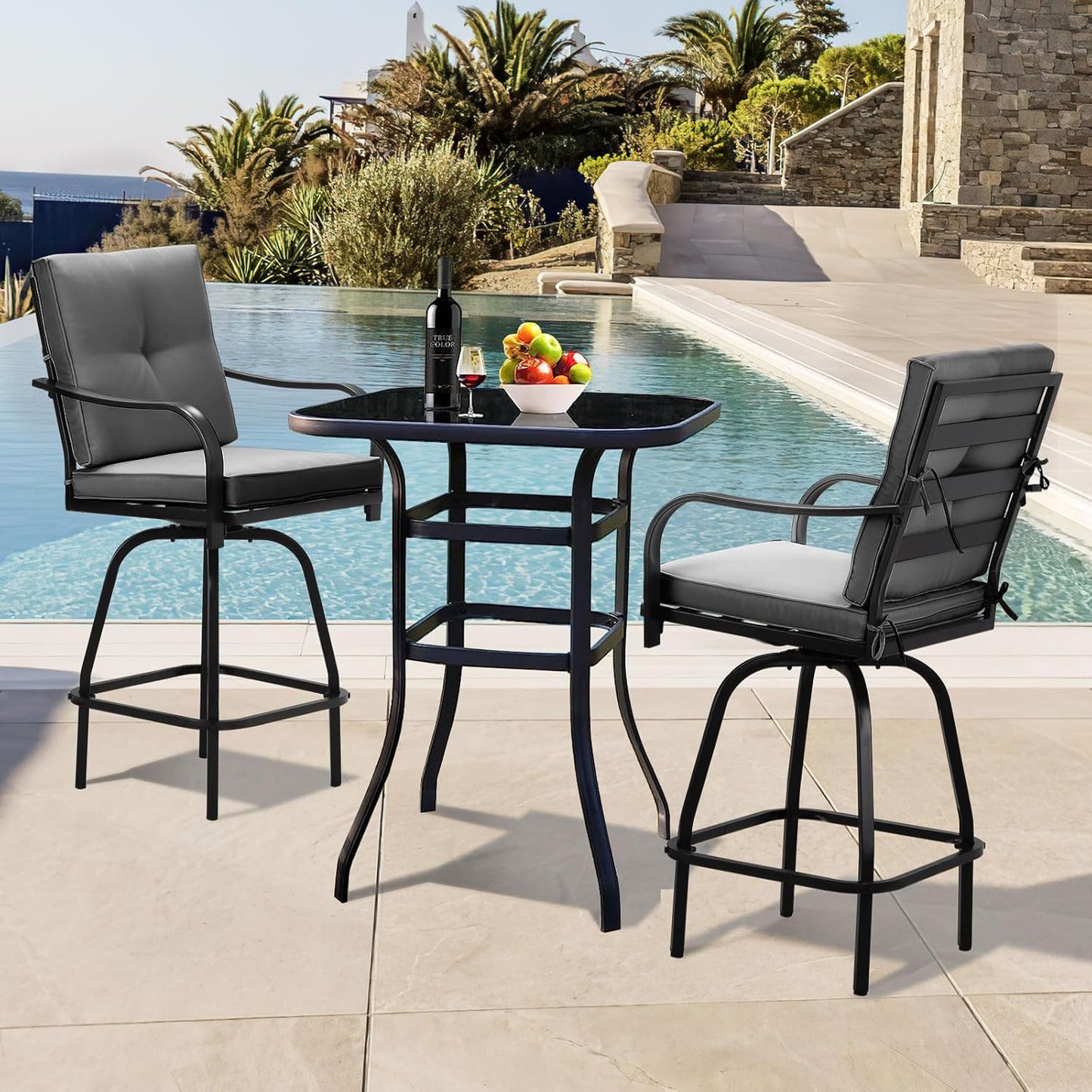 Patio Swivel Bar Stools Set of 2, Outdoor Bar Height Patio Swivel Chairs with Cushion for Garden Balcony Backyard (Grey)
