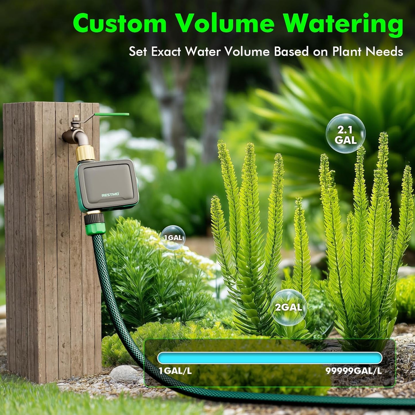 RESTMO Smart Sprinkler Timer with Flow Meter, Water Timer for Garden Hose, Brass Inlet & Outlet, Automatic Lawn & Yard Irrigation Watering System, APP Remote Control (RF Hub + WiFi Connection)