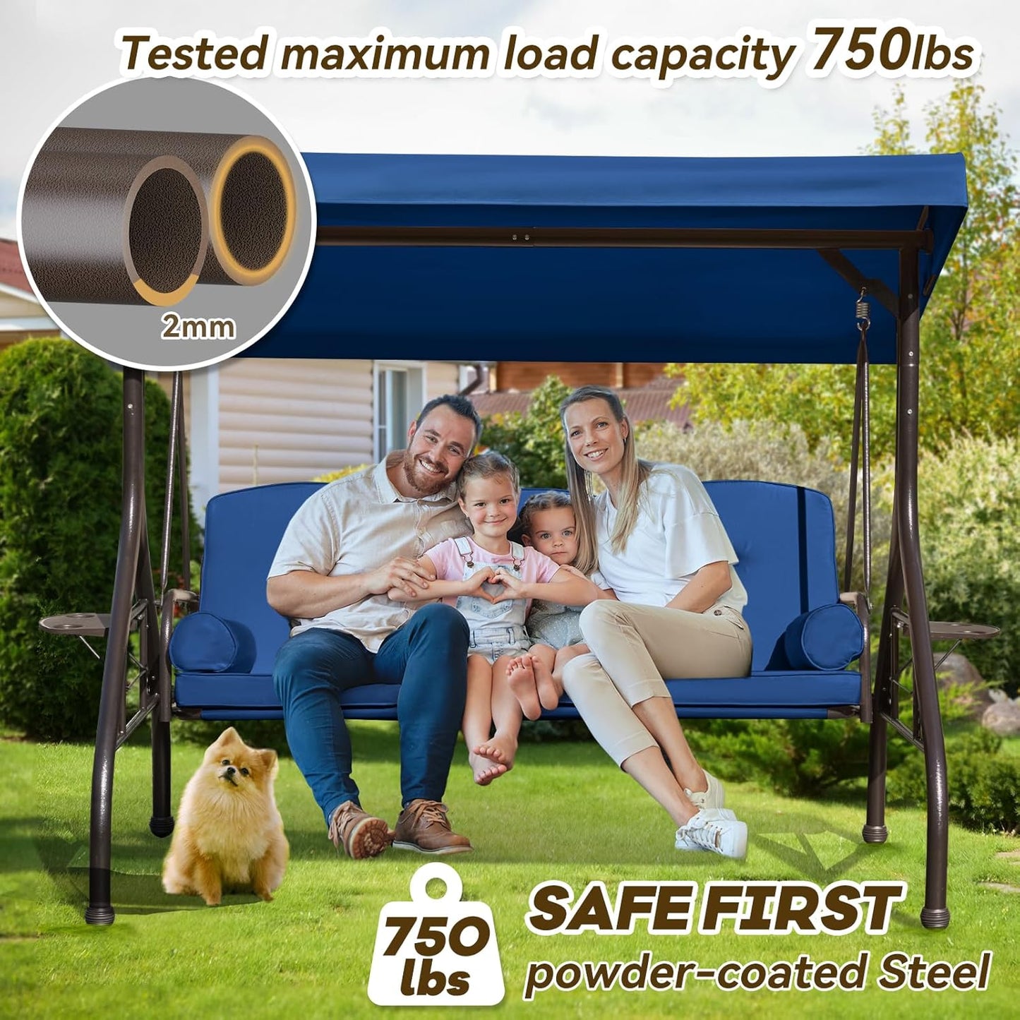 3 in 1 Outdoor Porch Swing with Adjustable Canopy, 3 Seat Outdoor Swing for Adults, Patio Swing Chair with Thickened Cushions,Pillows & Cup Holders for Backyard, Porch, Garden (Blue)