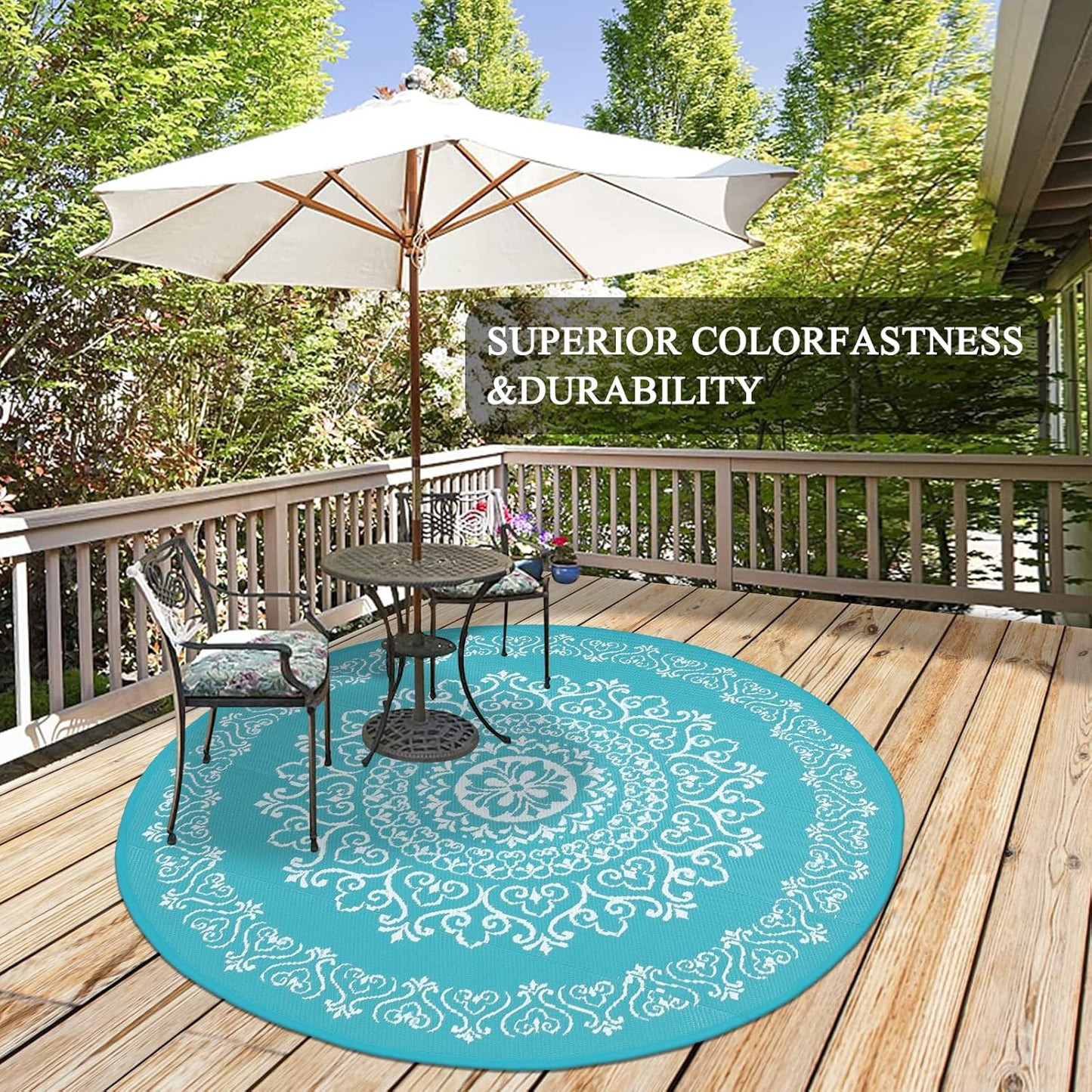 Pauwer Waterproof Outdoor Rug 6ft, Reversible Plastic Straw Patio Camping Rug, Indoor Outdoor RV Mat Carpet for Deck, Camper, Porch, Balcony, Backyard, Picnic, Floral Teal