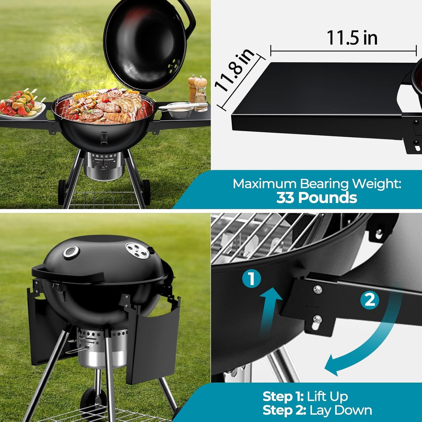 Premium 22 Inch Charcoal Grills with 2 Foldable Tables, BBQ Grill with Cover, Outdoor Barbecue Grill with Ash Catcher, Portable Charcoal Kettle Grills with Wheels for Camping Party Backyard