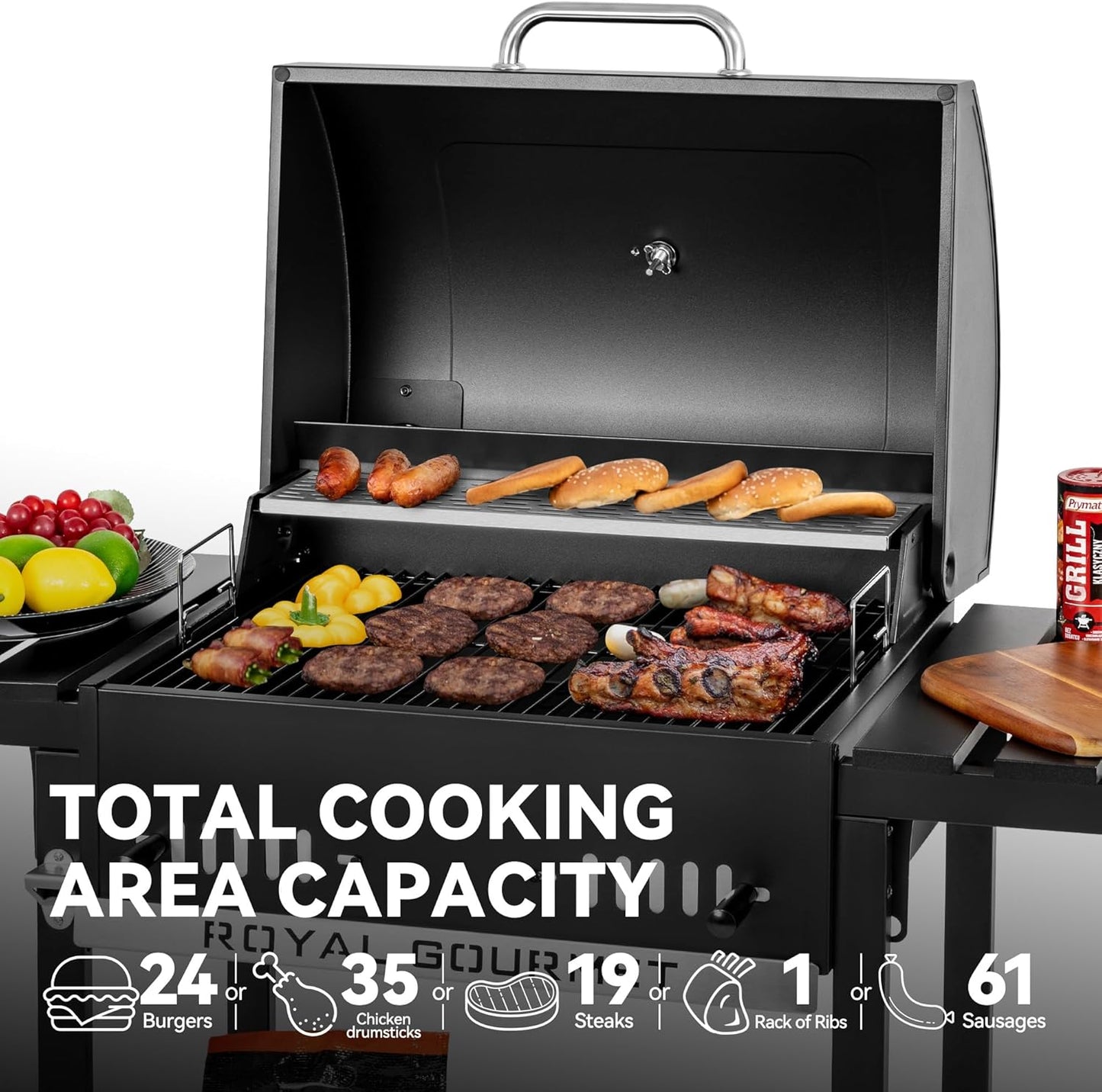 Royal Gourmet CD1824ET Movable Charcoal BBQ Grill with Foldable Side Tables, Outdoor Barbecue Grill with 470 Sq. In. Cooking Area for Outdoor Picnic and Camping Grilling, Black