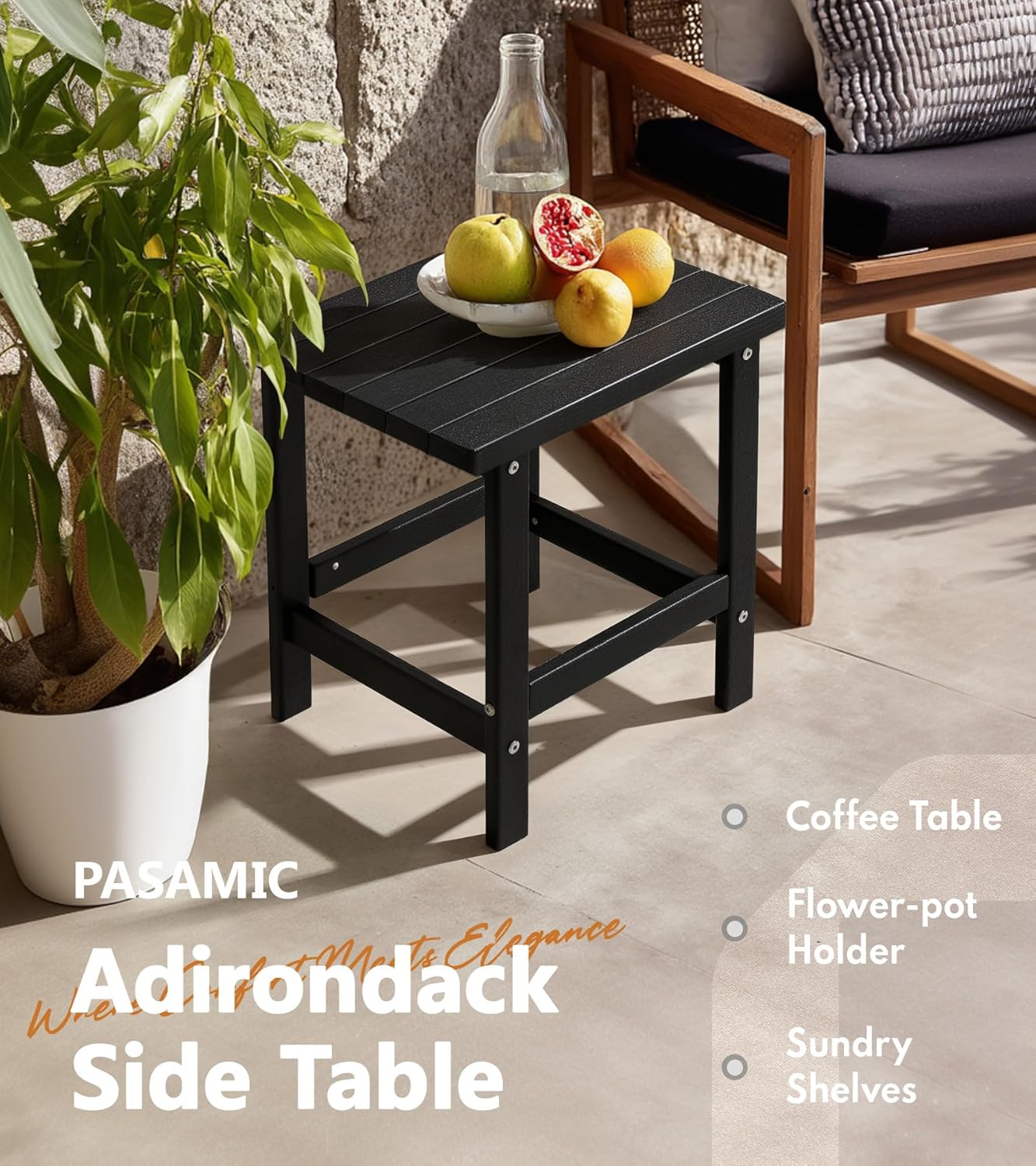 PASAMIC Adirondack Square Side Table, HDPE Outdoor Side Tables, Weather Resistant End Table for Patio, Backyard, Pool, Indoor Companion, Beach, Easy Maintenance (Black)