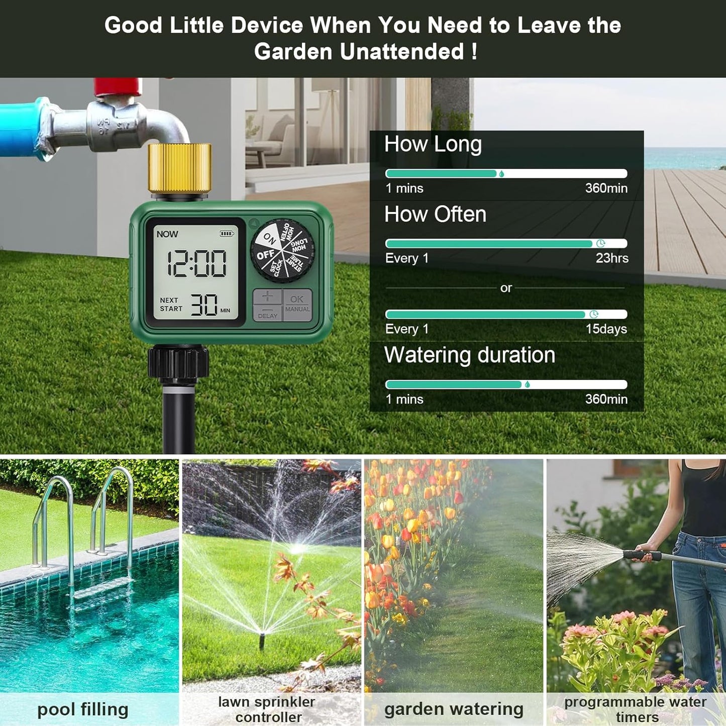 Sprinkler Timer Brass, Programmable Water Timer with Rain Delay, Manual& Automatic System for Garden Hose Faucet, Waterproof Gardening Supplies Irrigation Controller Watering Lawn Evenly& Efficiently