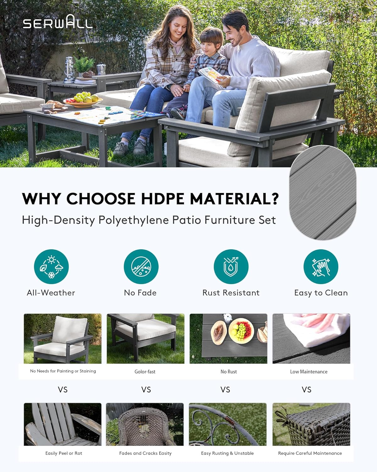 SERWALL HDPE Patio Furniture Set, 7-Piece Outdoor Sectional Sofa Set, All Weather Outdoor Couch Set for Deck, Lawn, Grey Frame with Khaki Cushion