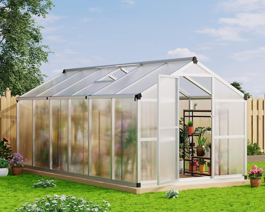 8x12 FT Greenhouse for Outdoors, Large Aluminum Greenhouses with Roof Vent and Quick Setup Structure, Greenhouse Heavy Duty with PC Panels, Walk-in Green Houses for Winter Garden,Backyard,Patio,Lawn