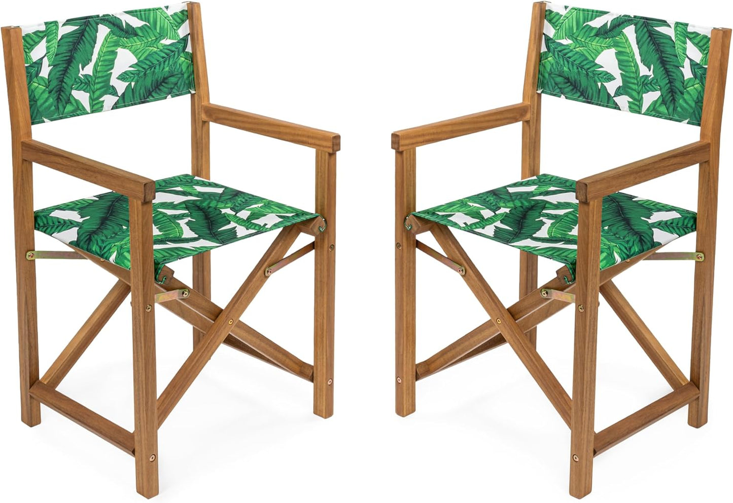JONATHAN Y DRC1001A-SET2 Cukor Classic Vintage Outdoor Acacia Wood Folding Director Chair with Canvas Seat Mid-Century, Modern, Traditional, Classic, Coastal, Green Leaf/Teak Brown (Set of 2)